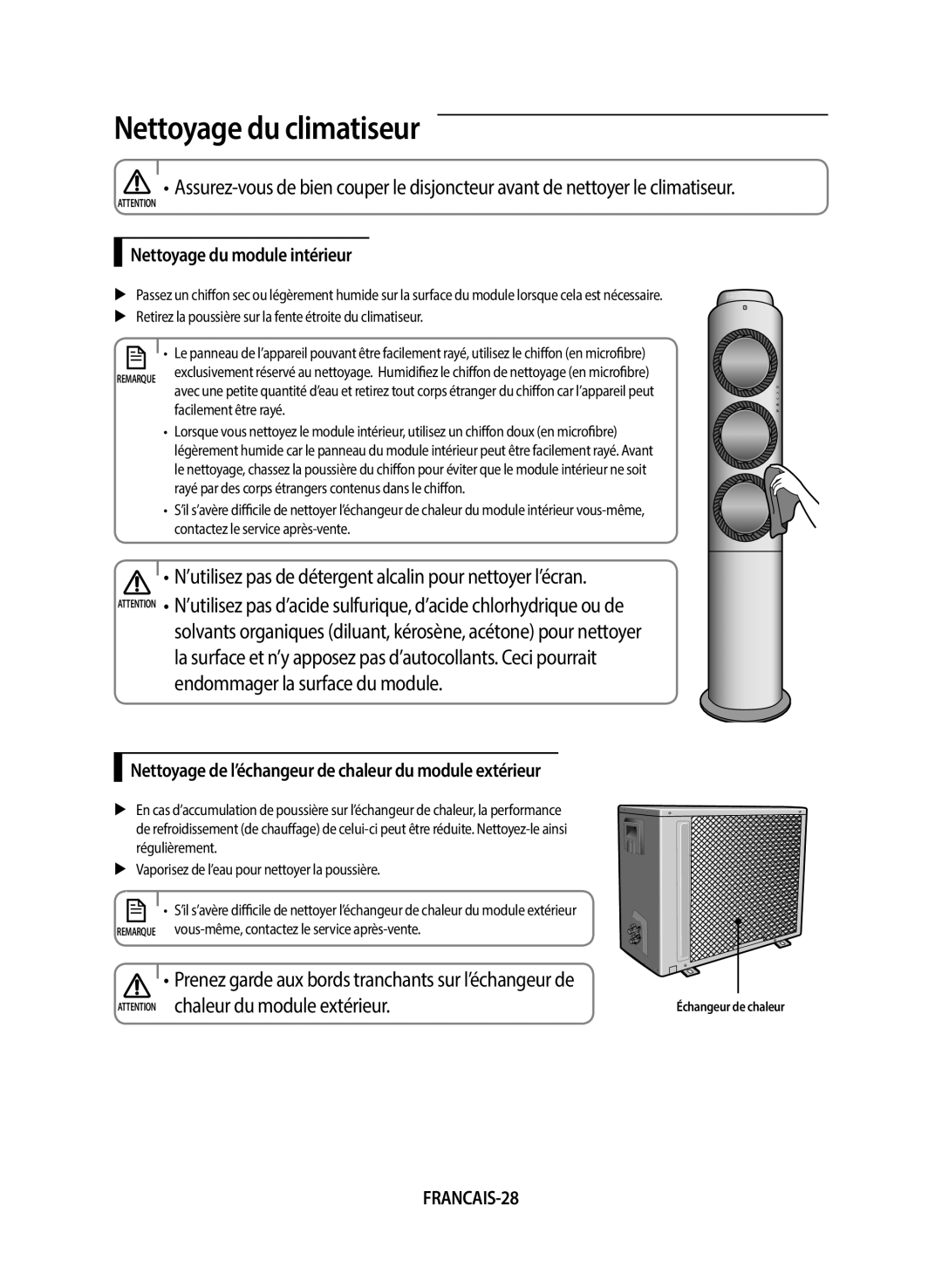 Samsung AF24FSSDAWKNEU Nettoyage du climatiseur, ’utilisez pas de détergent alcalin pour nettoyer l’écran, FRANCAIS-28 