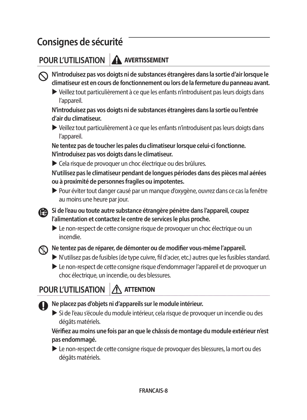 Samsung AF24FSSDAWKNEU manual Pour L’UTILISATION Attention, Cela risque de provoquer un choc électrique ou des brûlures 