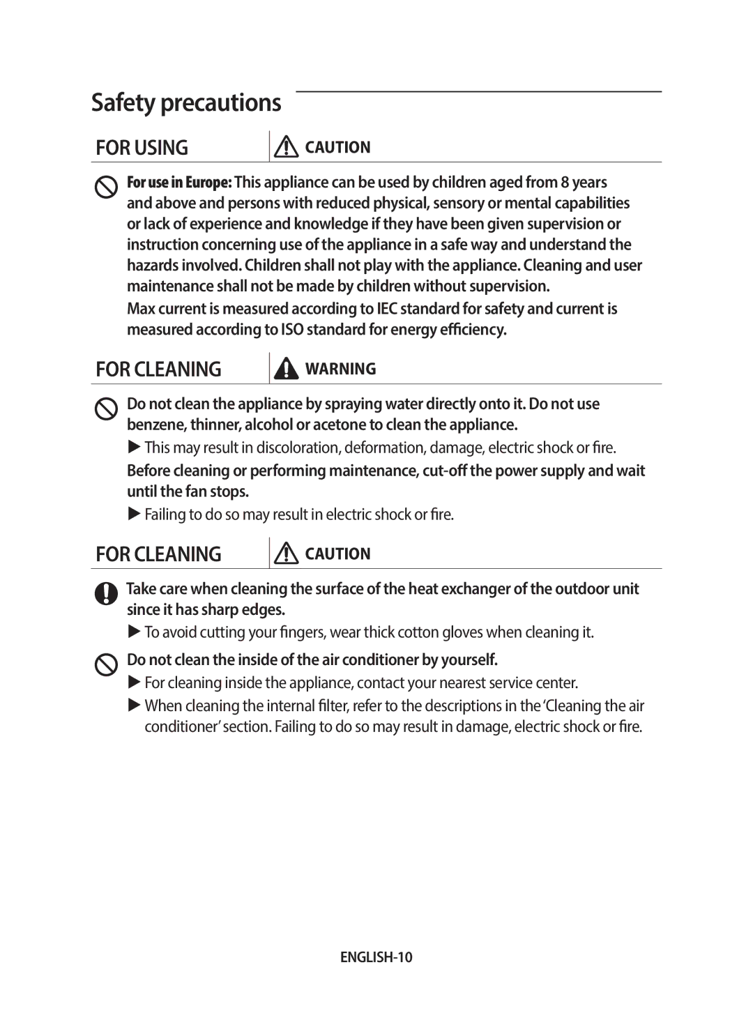 Samsung AF24FSSDAWKNEU manual Do not clean the inside of the air conditioner by yourself, ENGLISH-10 