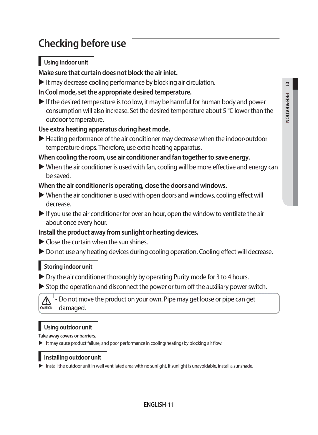 Samsung AF24FSSDAWKNEU manual Checking before use, Make sure that curtain does not block the air inlet, ENGLISH-11 