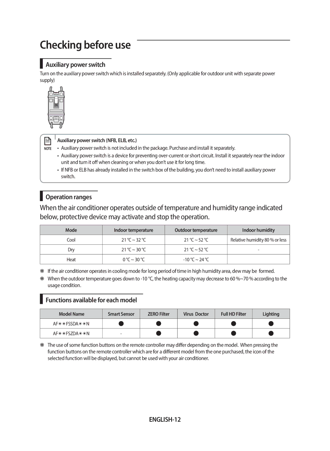 Samsung AF24FSSDAWKNEU manual Auxiliary power switch, Operation ranges, Functions available for each model, ENGLISH-12 