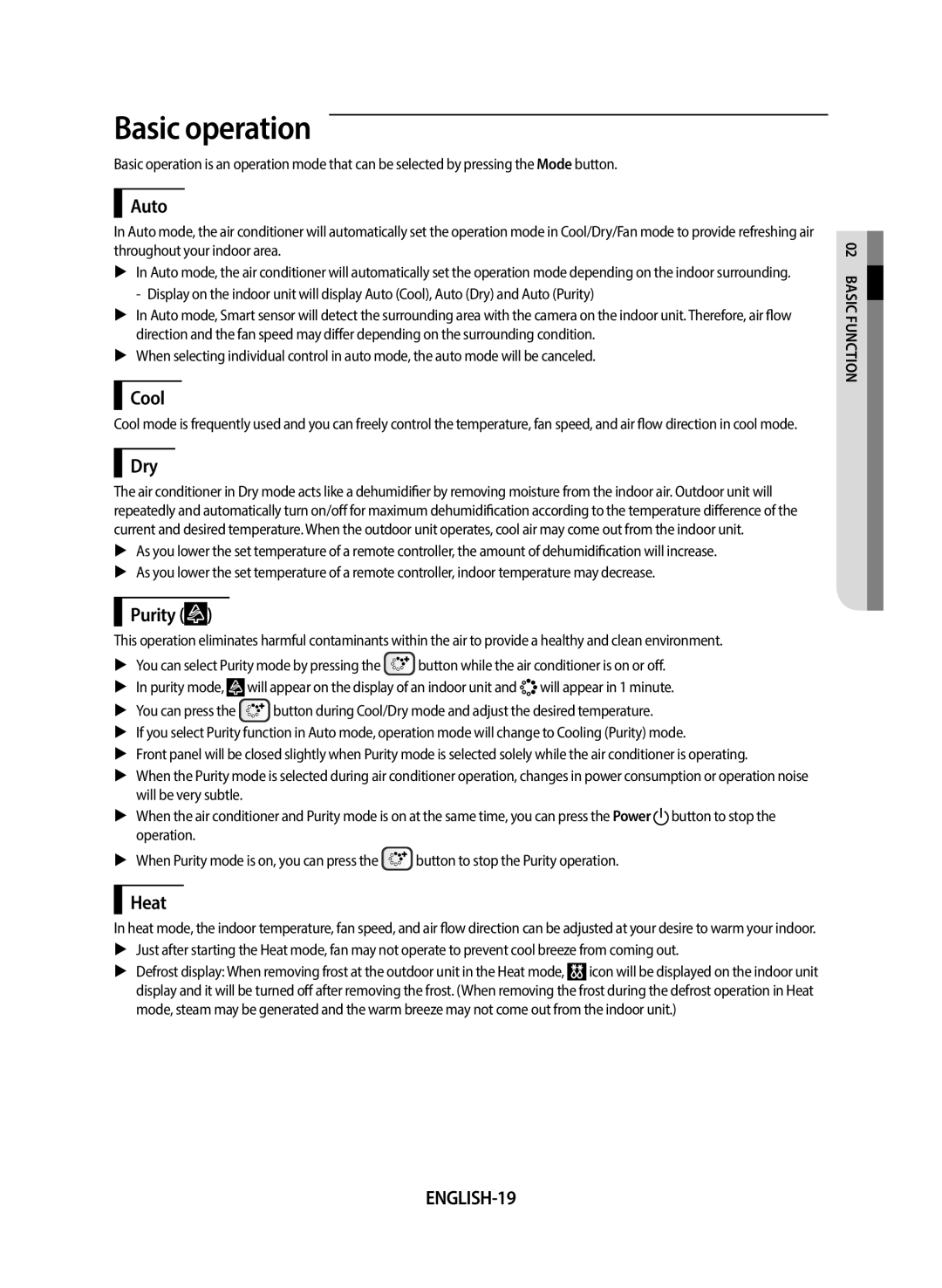 Samsung AF24FSSDAWKNEU manual Basic operation, ENGLISH-19 