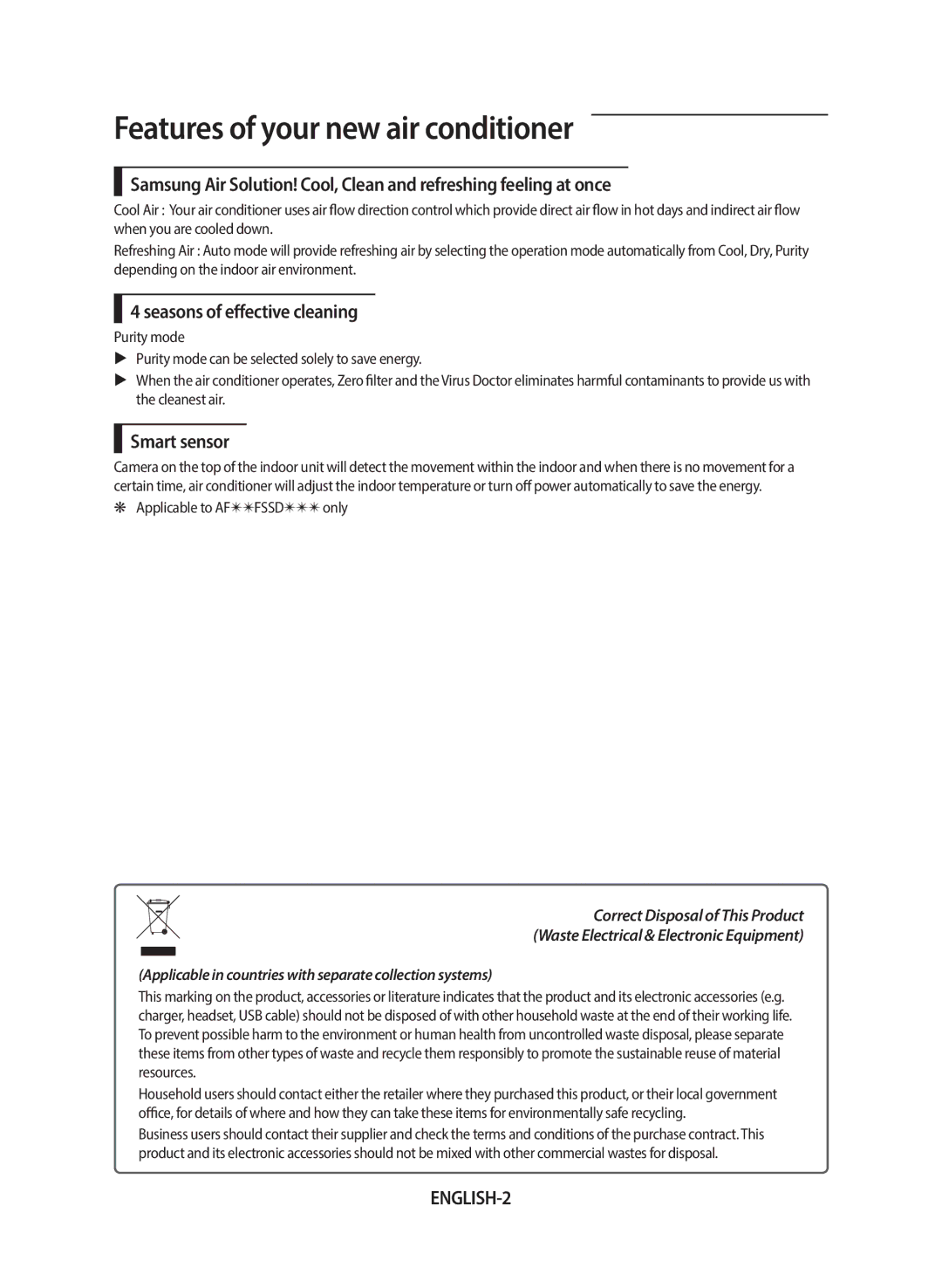 Samsung AF24FSSDAWKNEU manual Features of your new air conditioner, Seasons of effective cleaning, Smart sensor, ENGLISH-2 