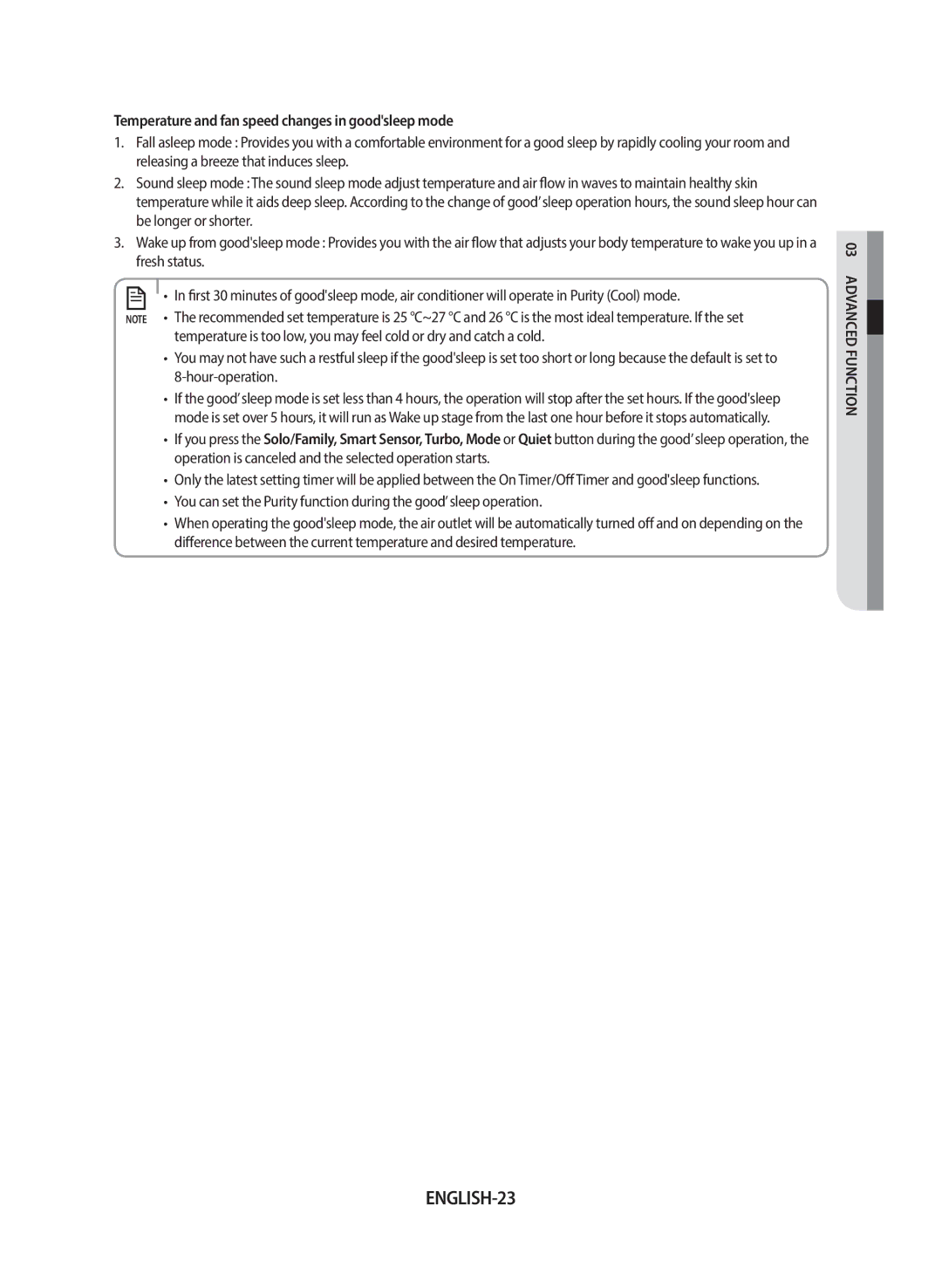 Samsung AF24FSSDAWKNEU manual ENGLISH-23, Temperature and fan speed changes in goodsleep mode 