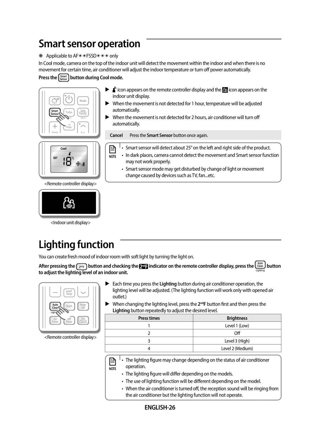 Samsung AF24FSSDAWKNEU manual Smart sensor operation, Lighting function, ENGLISH-26, Press the button during Cool mode 