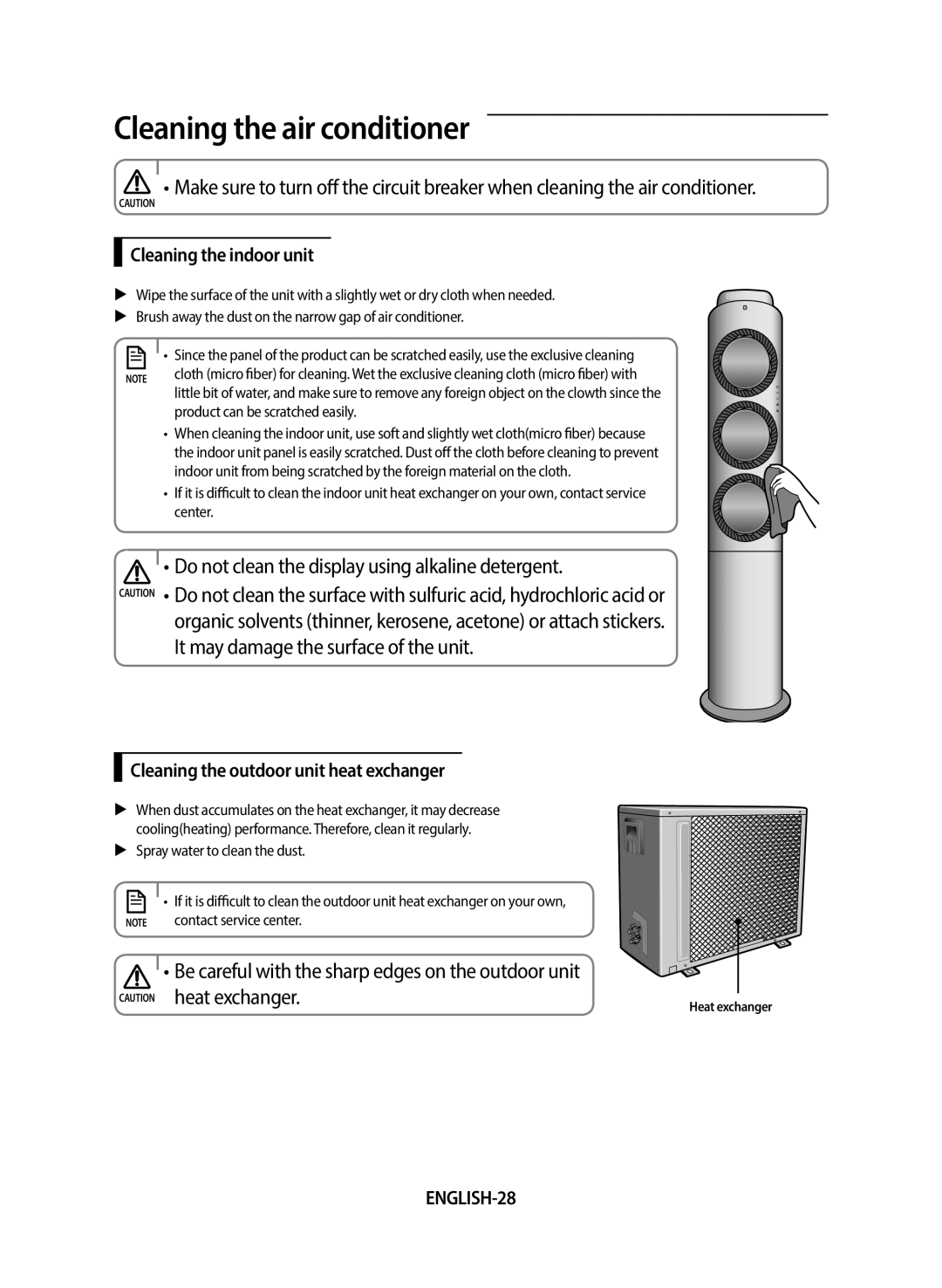 Samsung AF24FSSDAWKNEU Cleaning the air conditioner, Cleaning the indoor unit, Cleaning the outdoor unit heat exchanger 