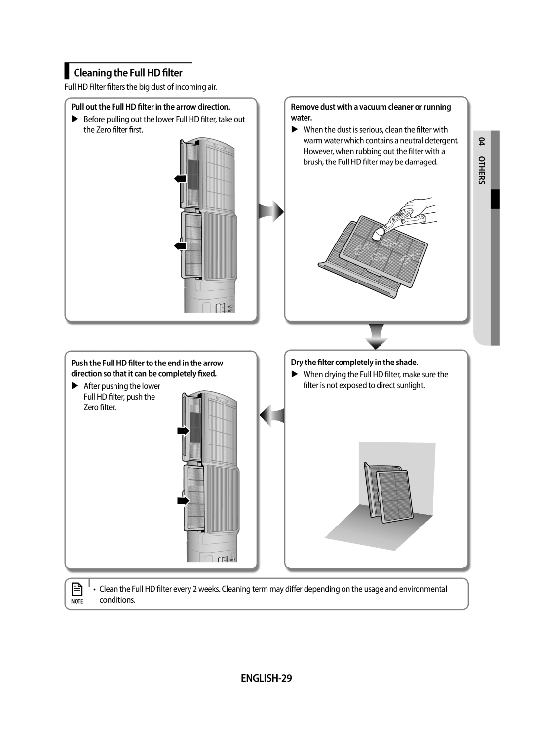 Samsung AF24FSSDAWKNEU manual Cleaning the Full HD filter, ENGLISH-29, Pull out the Full HD filter in the arrow direction 