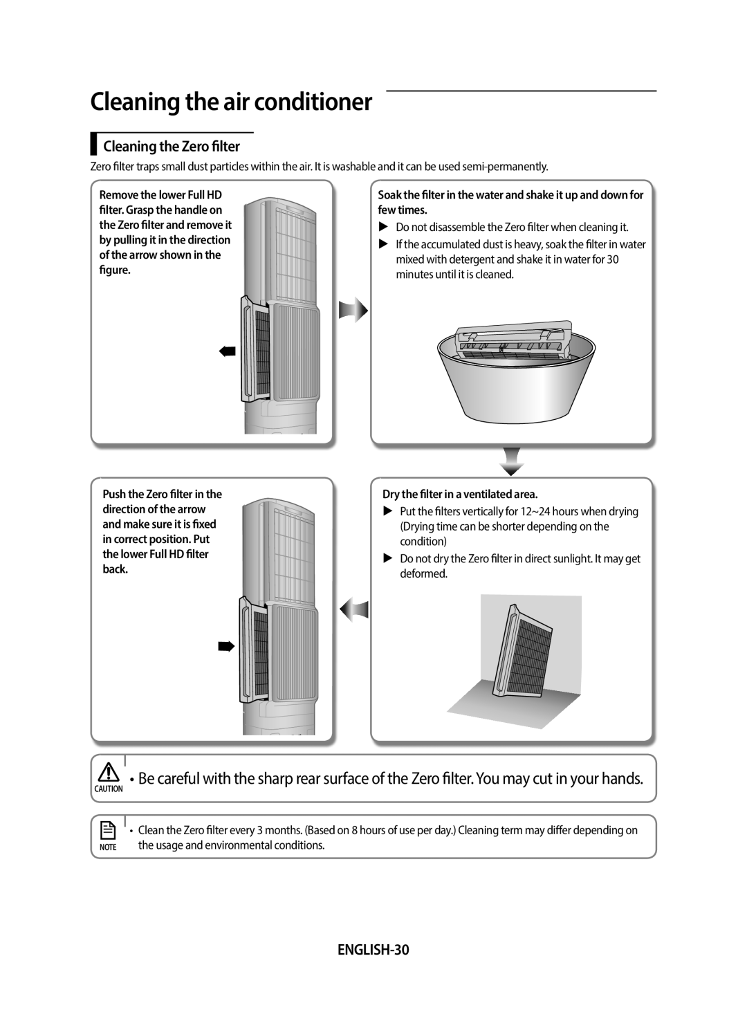 Samsung AF24FSSDAWKNEU manual Cleaning the Zero filter, ENGLISH-30, Dry the filter in a ventilated area 