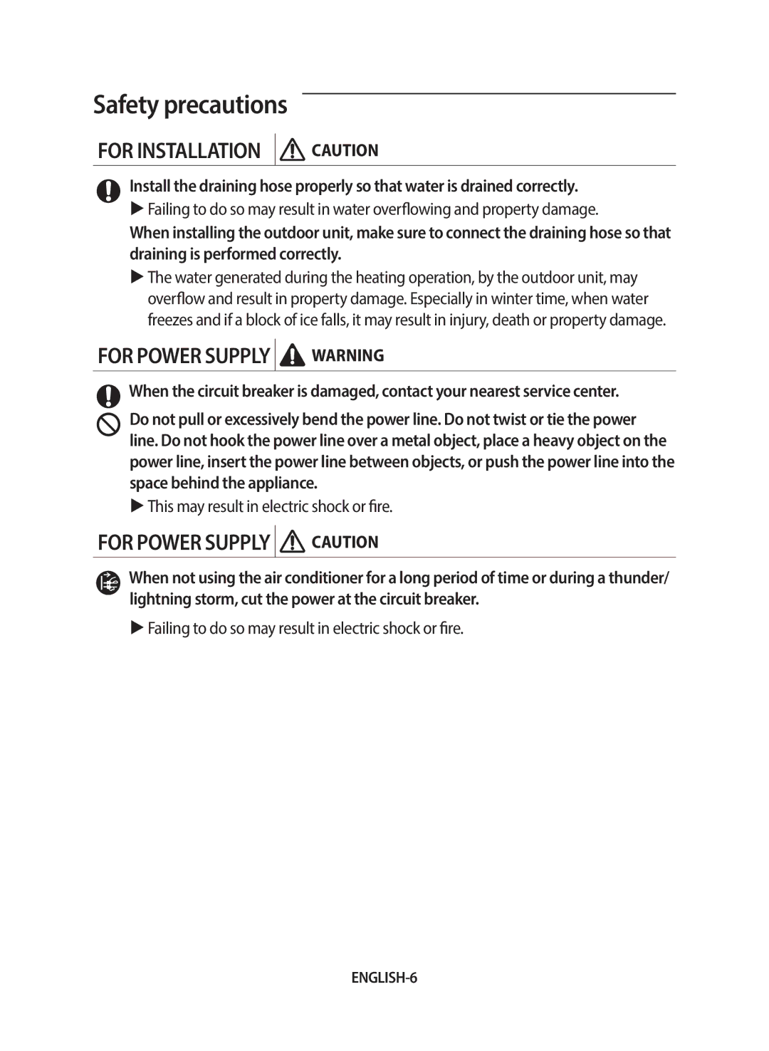 Samsung AF24FSSDAWKNEU manual For Installation Caution, ENGLISH-6 