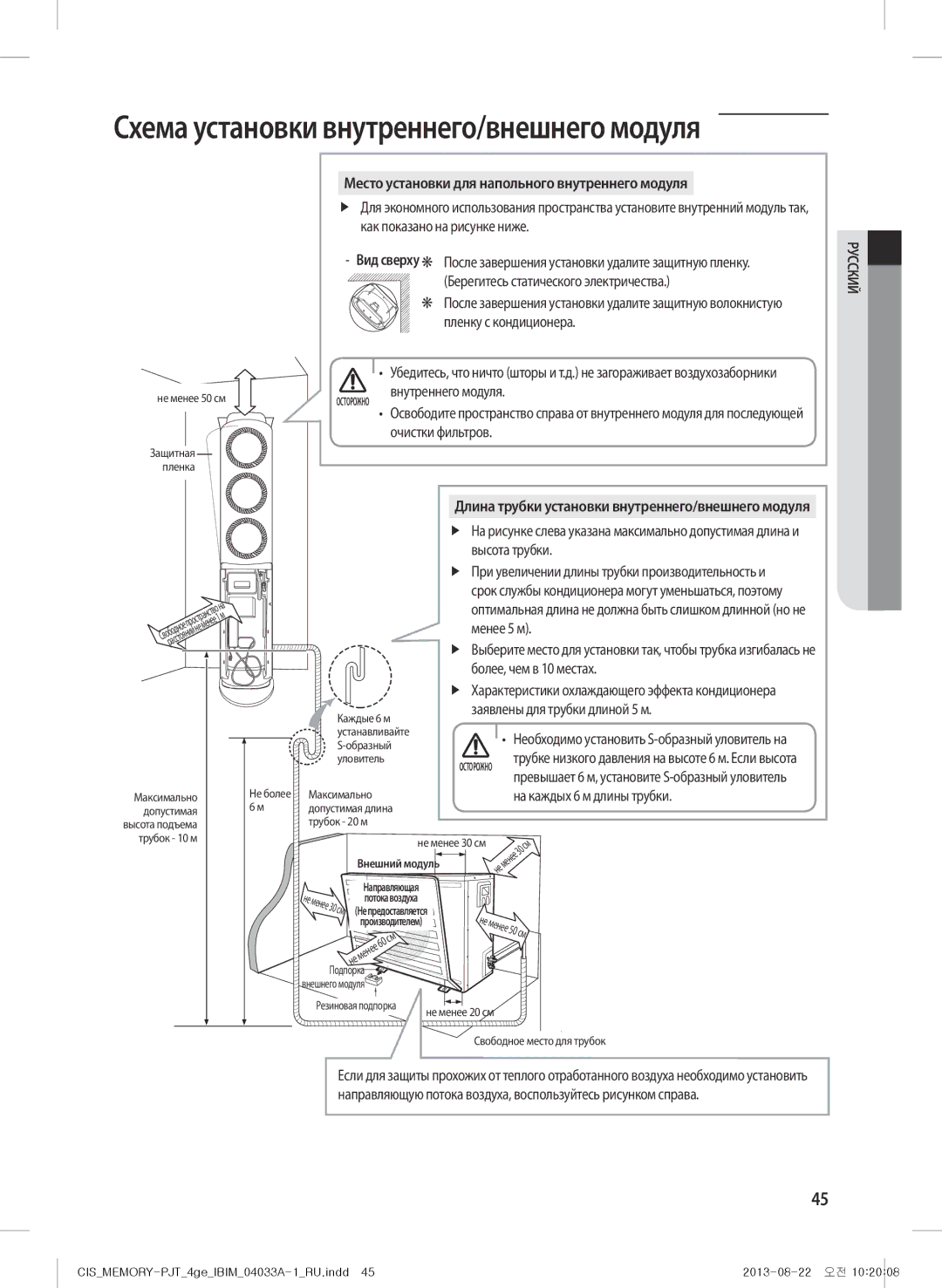 Samsung AF27FSSDAWKNER manual Место установки для напольного внутреннего модуля 