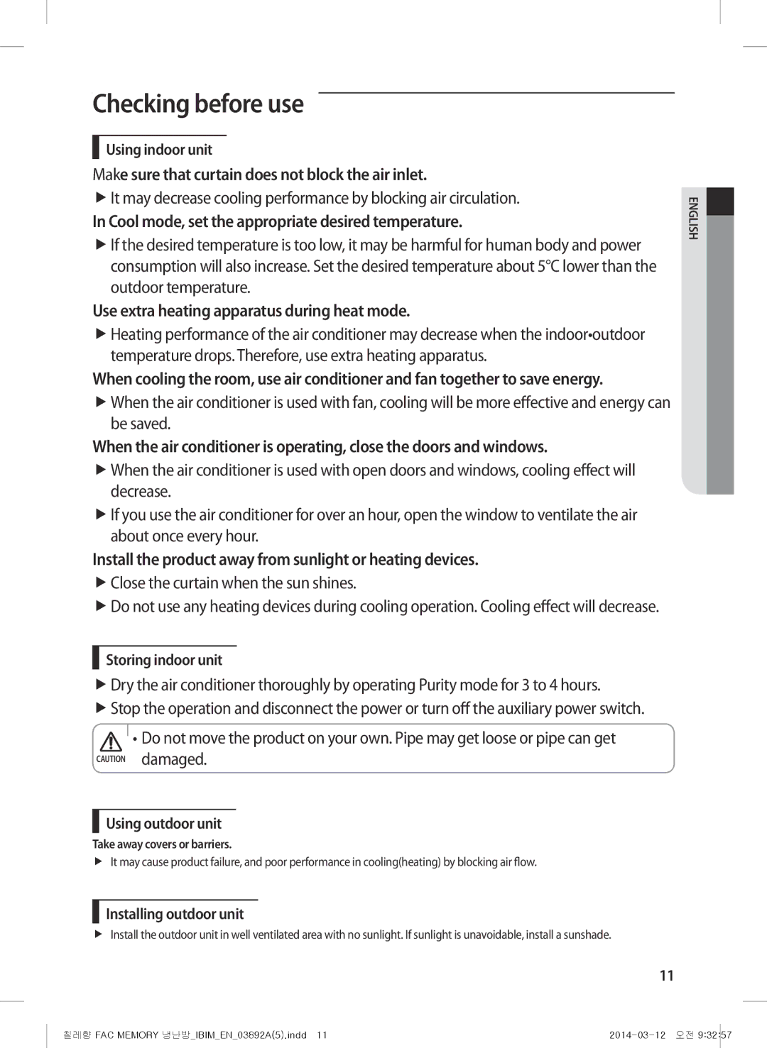 Samsung AF28FSSDAWKNBT, AF28FSSDAWKNFA manual Checking before use, Make sure that curtain does not block the air inlet 