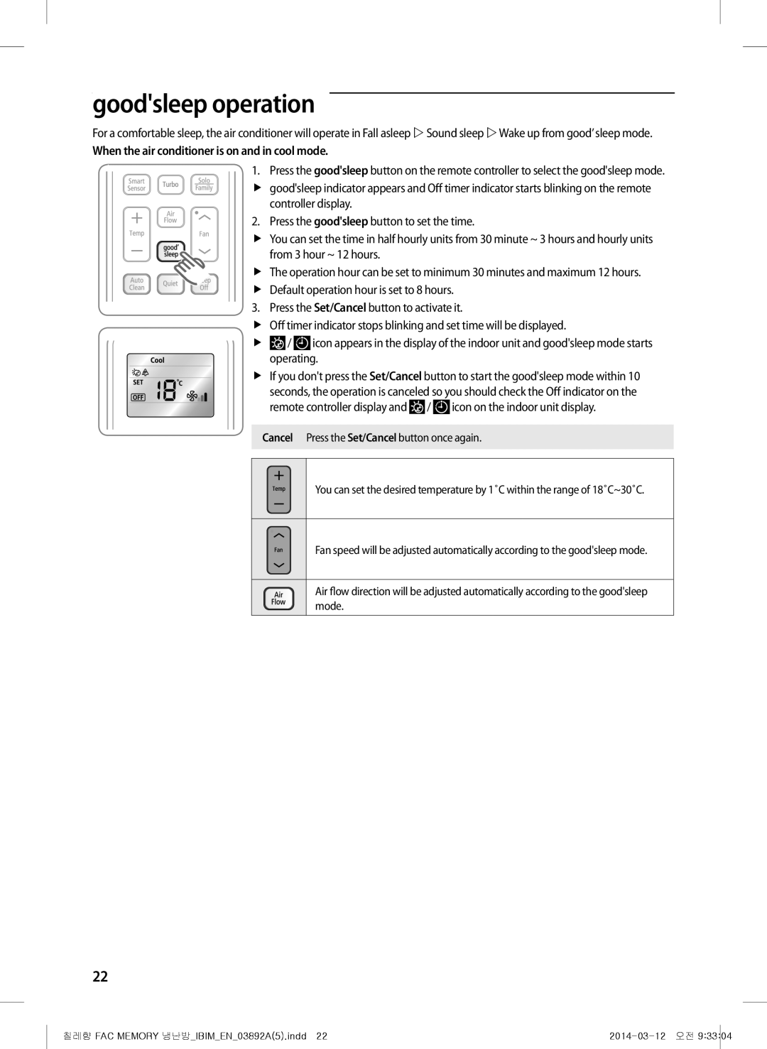 Samsung AF28FSSDADFXFA, AF28FSSDAWKNFA, AF27FSSDAWKNER Goodsleep operation, When the air conditioner is on and in cool mode 