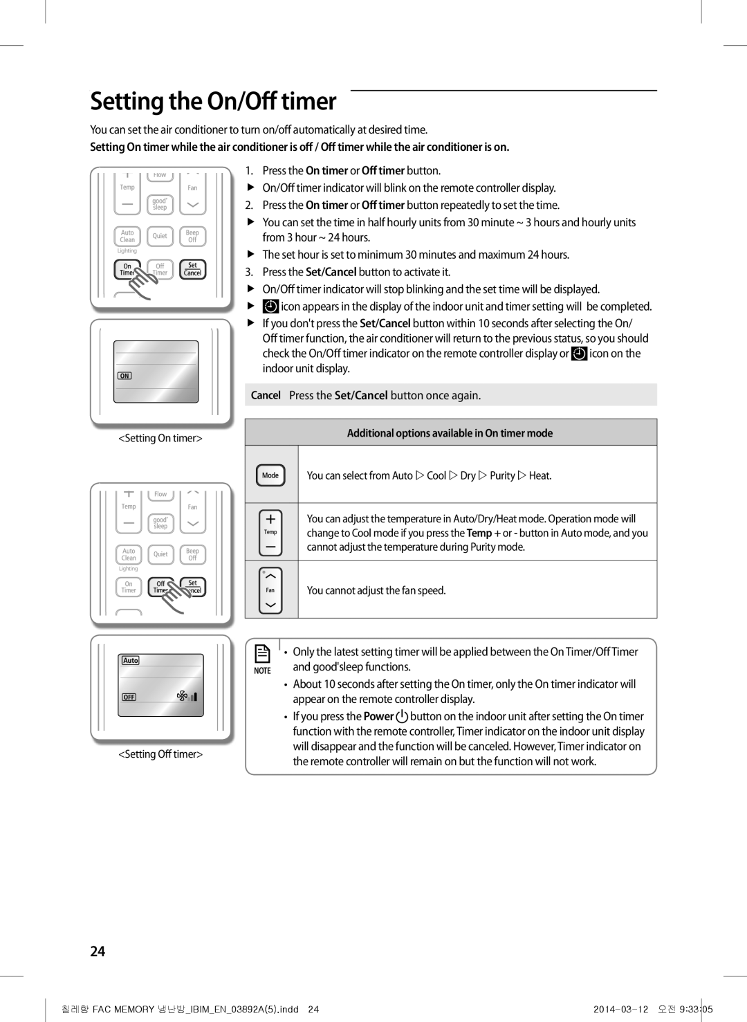 Samsung AF28FSSDADFNMG manual Setting the On/Off timer, Goodsleep functions, Additional options available in On timer mode 