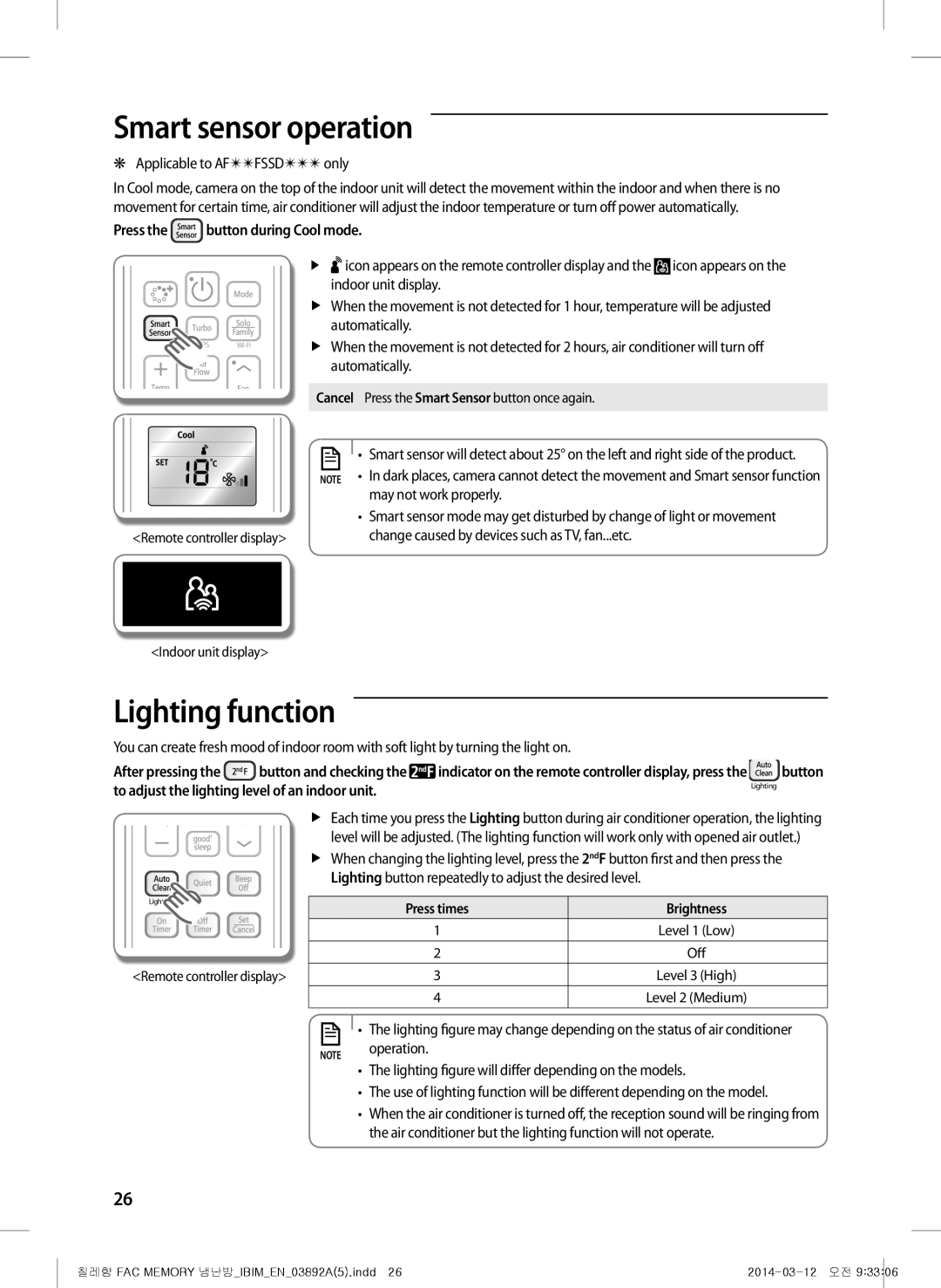 Samsung AF28FSZDAWKNMG, AF28FSSDAWKNFA manual Smart sensor operation, Lighting function, Press the button during Cool mode 