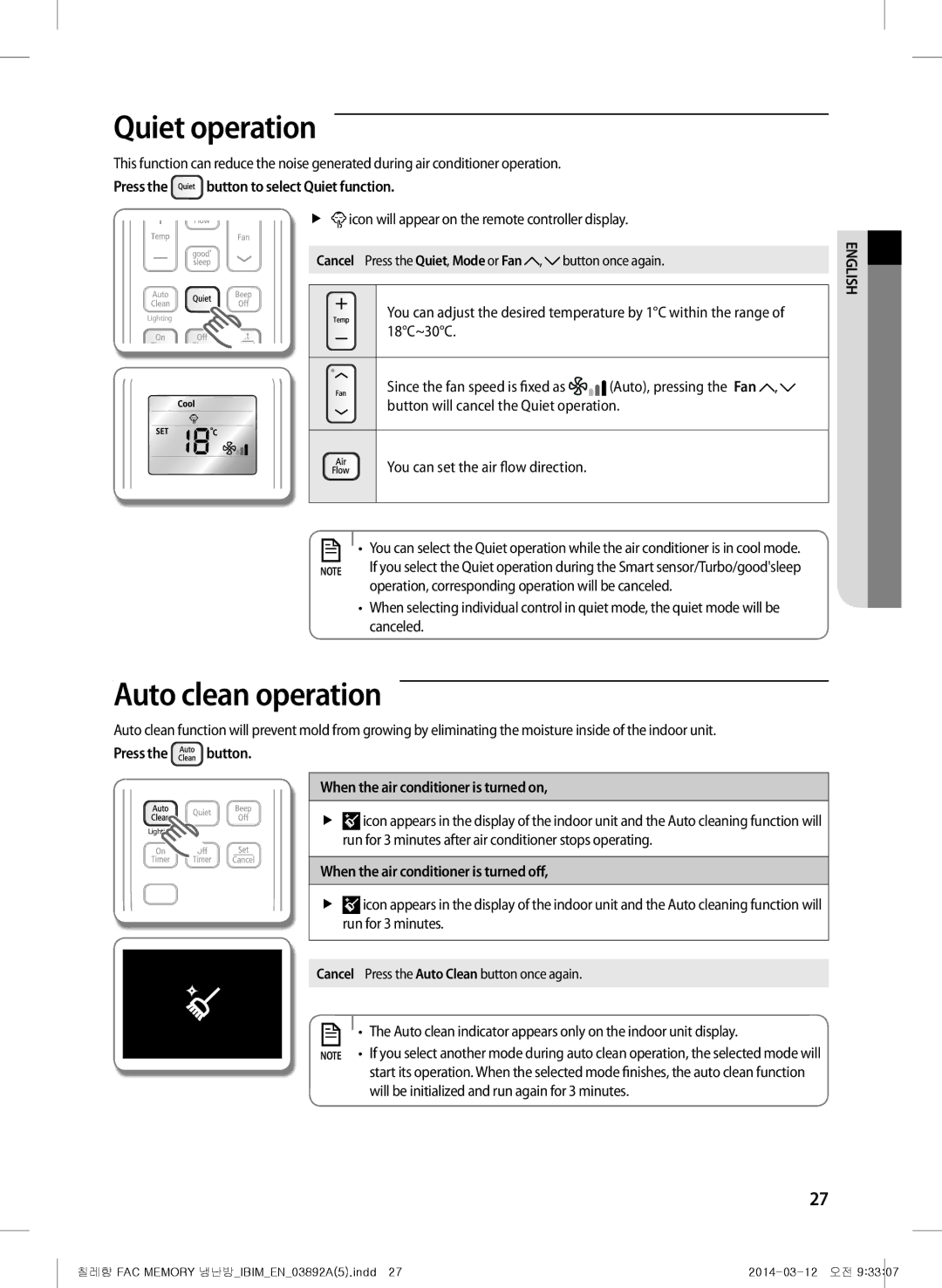 Samsung AF28FSSDAWKNFA, AF27FSSDAWKNER, AF28FSSDADFXFA, AF28FSSDADFNFA, AF28FSSDADFNMG Quiet operation, Auto clean operation 