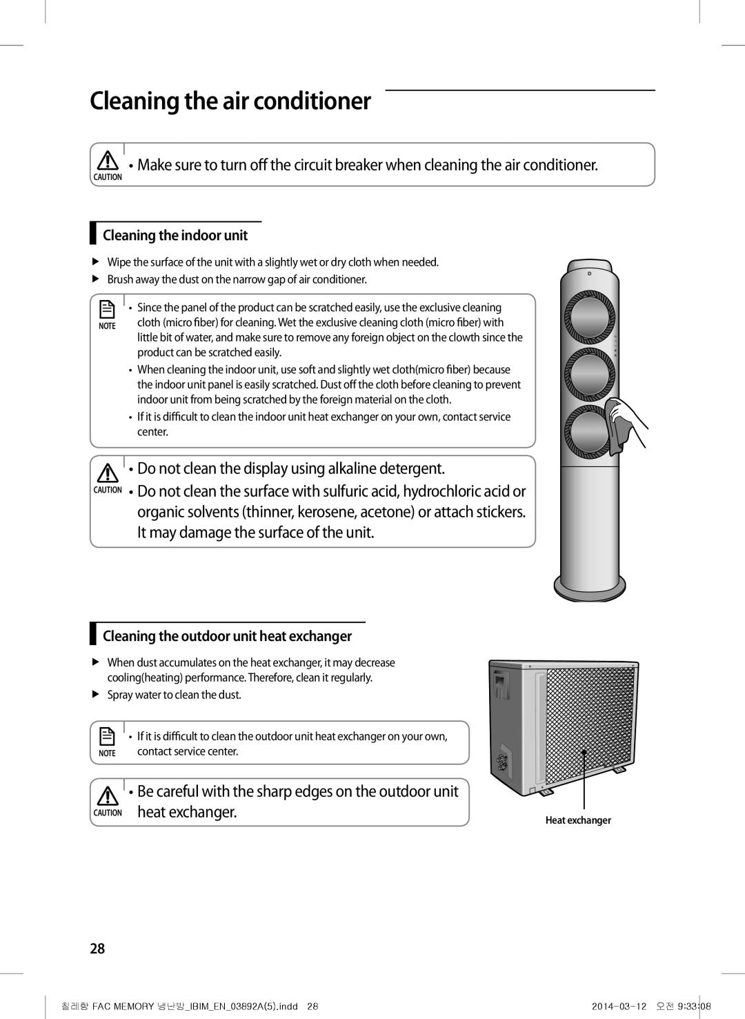 Samsung AF27FSSDAWKNER, AF28FSSDAWKNFA Cleaning the air conditioner, Be careful with the sharp edges on the outdoor unit 