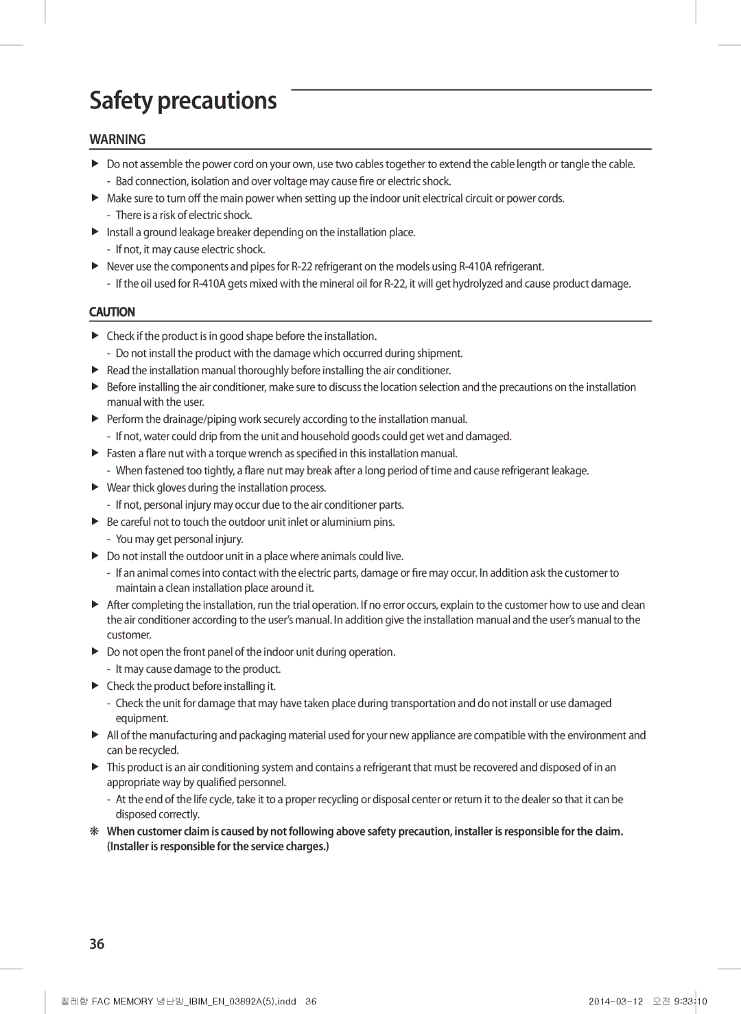 Samsung AF28FSSDADFXFA, AF28FSSDAWKNFA, AF27FSSDAWKNER, AF28FSSDADFNFA, AF28FSSDADFNMG, AF28FSSDAWKNBT manual Safety precautions 