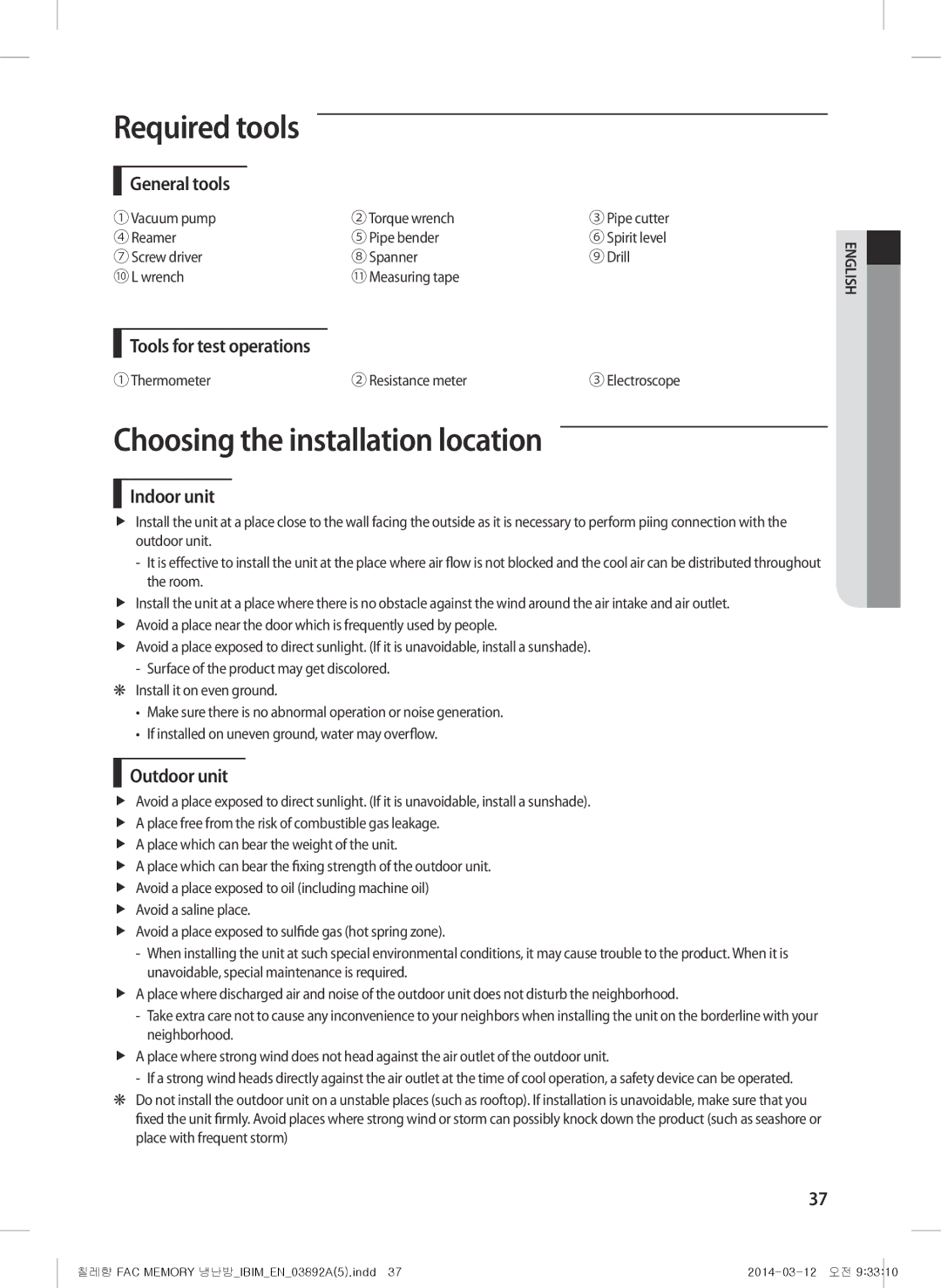 Samsung AF28FSSDADFNFA manual Required tools, Choosing the installation location, General tools, Tools for test operations 