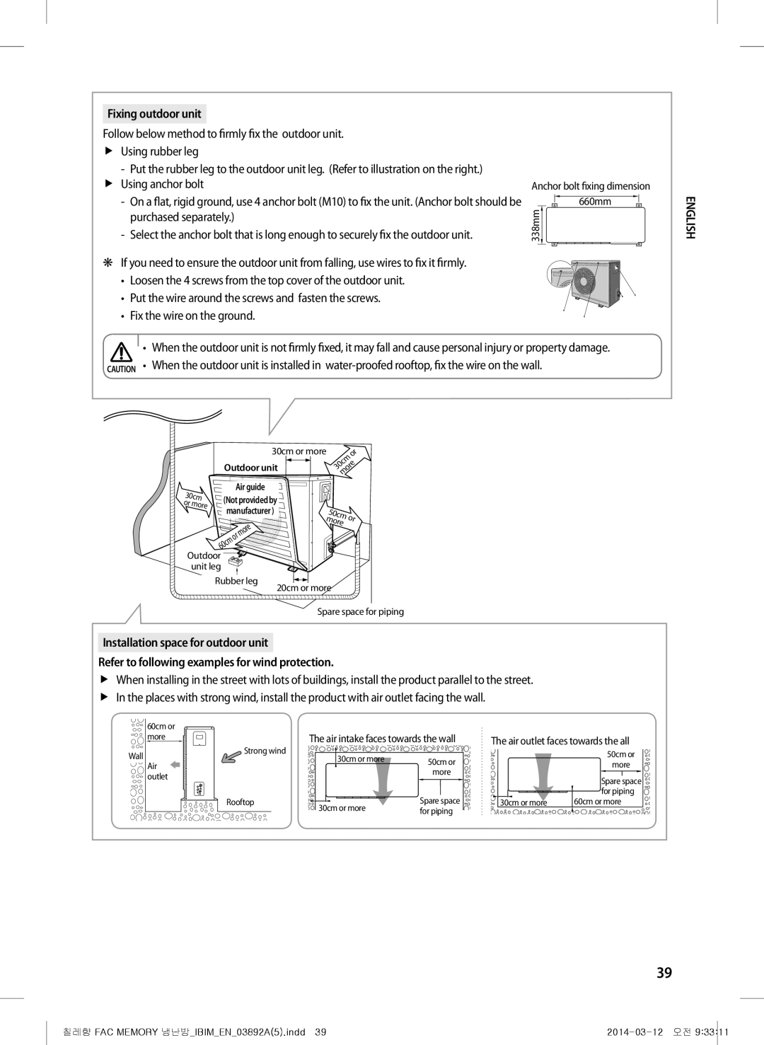 Samsung AF28FSSDAWKNBT, AF28FSSDAWKNFA, AF27FSSDAWKNER, AF28FSSDADFXFA, AF28FSSDADFNFA manual Fixing outdoor unit, Outdoor unit 