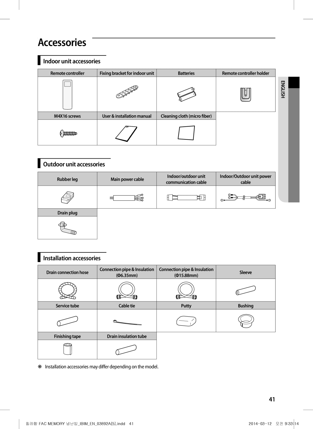 Samsung AF28FSSDAWKNFA manual Accessories, Indoor unit accessories, Outdoor unit accessories, Installation accessories 