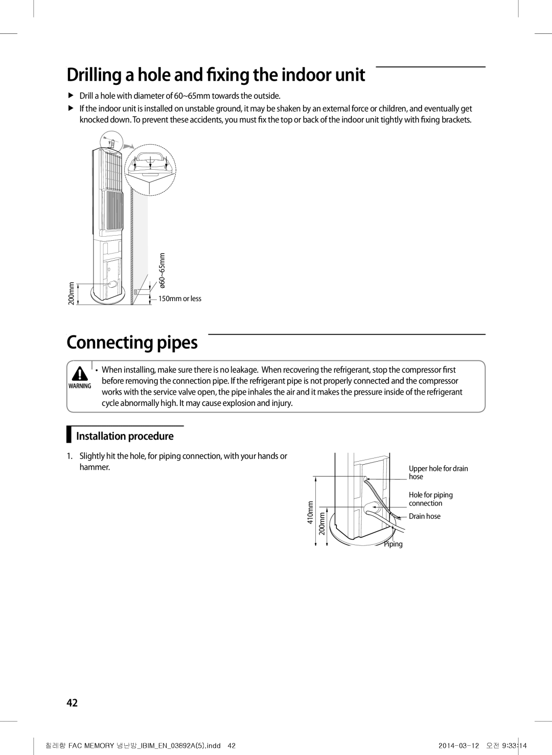 Samsung AF27FSSDAWKNER manual Drilling a hole and fixing the indoor unit, Connecting pipes, Installation procedure 