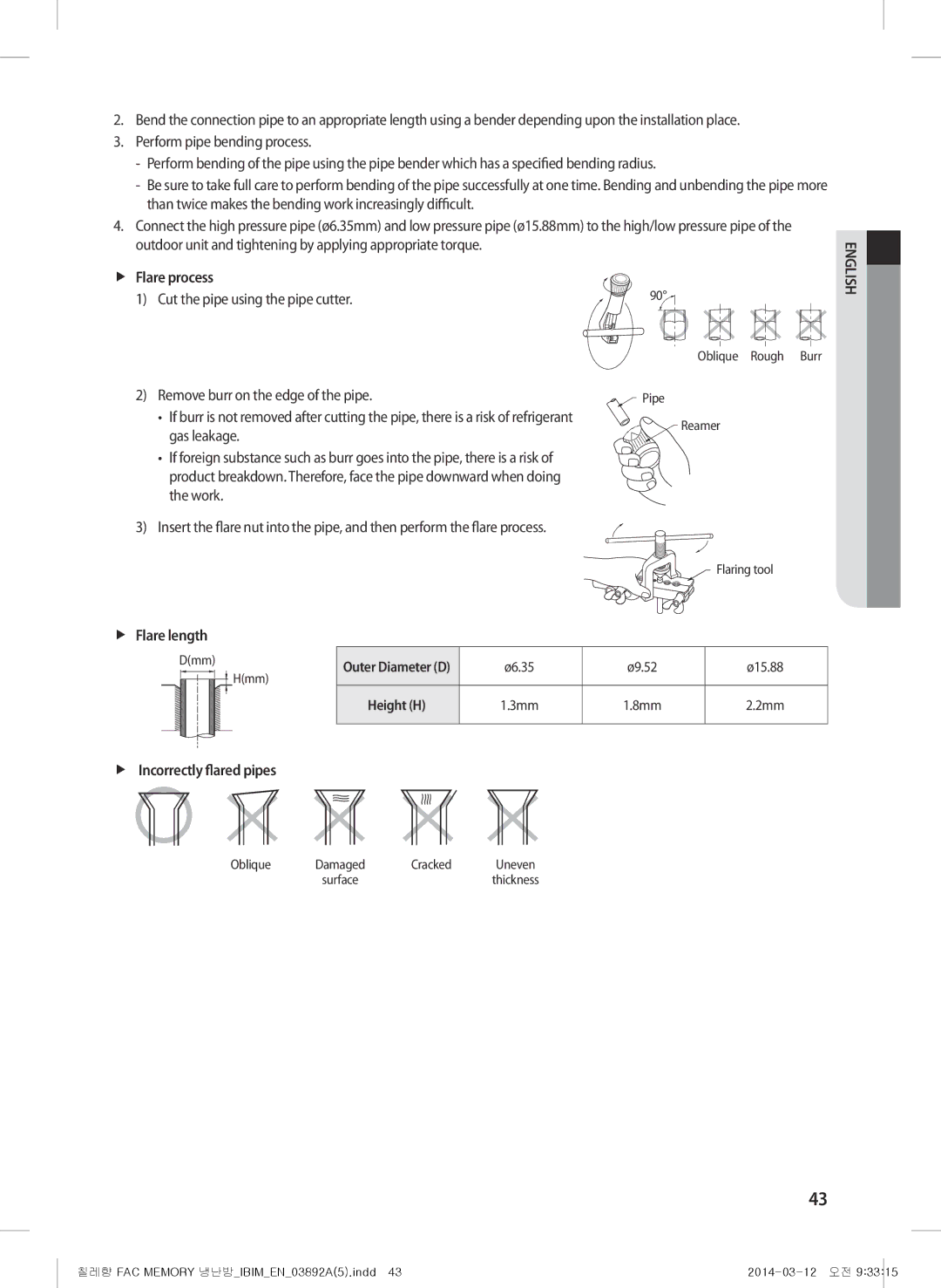 Samsung AF28FSSDADFXFA, AF28FSSDAWKNFA, AF27FSSDAWKNER manual FfFlare process, FfFlare length, FfIncorrectly flared pipes 