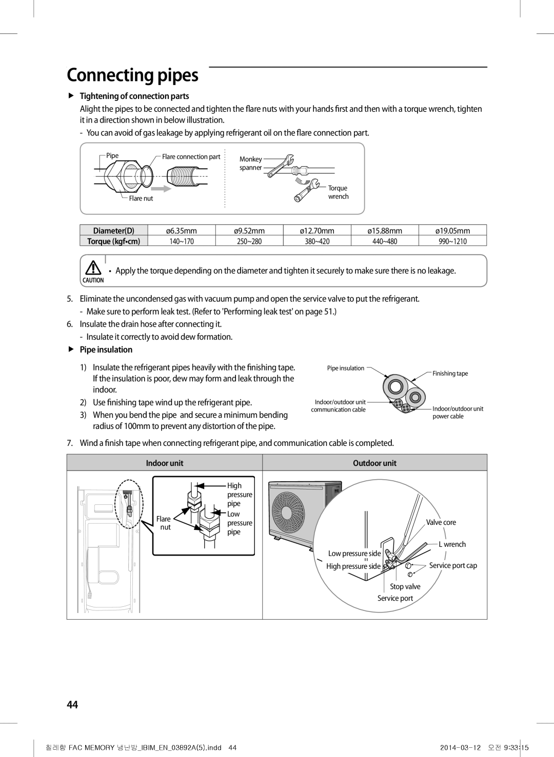 Samsung AF28FSSDADFNFA, AF28FSSDAWKNFA manual FfTightening of connection parts, FfPipe insulation, DiameterD, Outdoor unit 