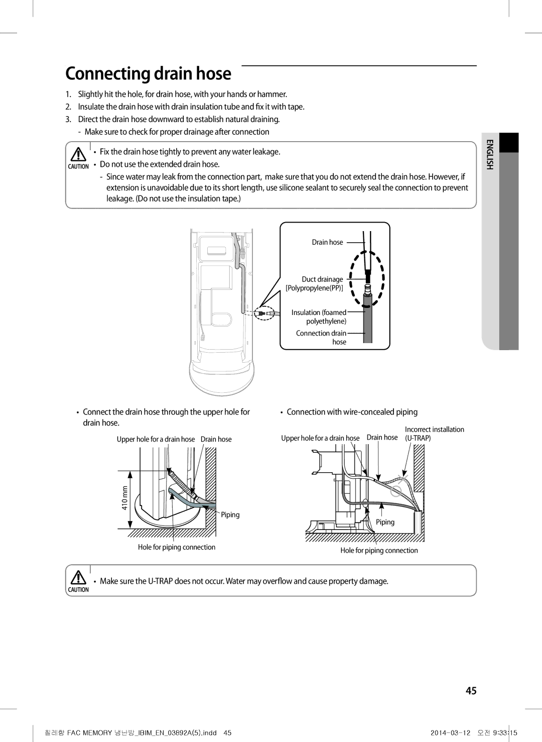 Samsung AF28FSSDADFNMG, AF28FSSDAWKNFA manual Connecting drain hose, Fix the drain hose tightly to prevent any water leakage 