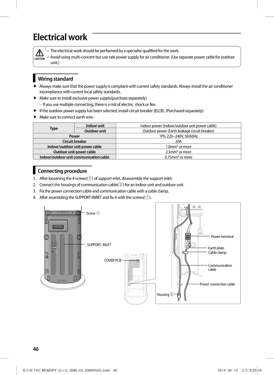 Samsung AF28FSSDAWKNBT, AF28FSSDAWKNFA manual Electrical work, Wiring standard, Connecting procedure, Type Indoor unit 