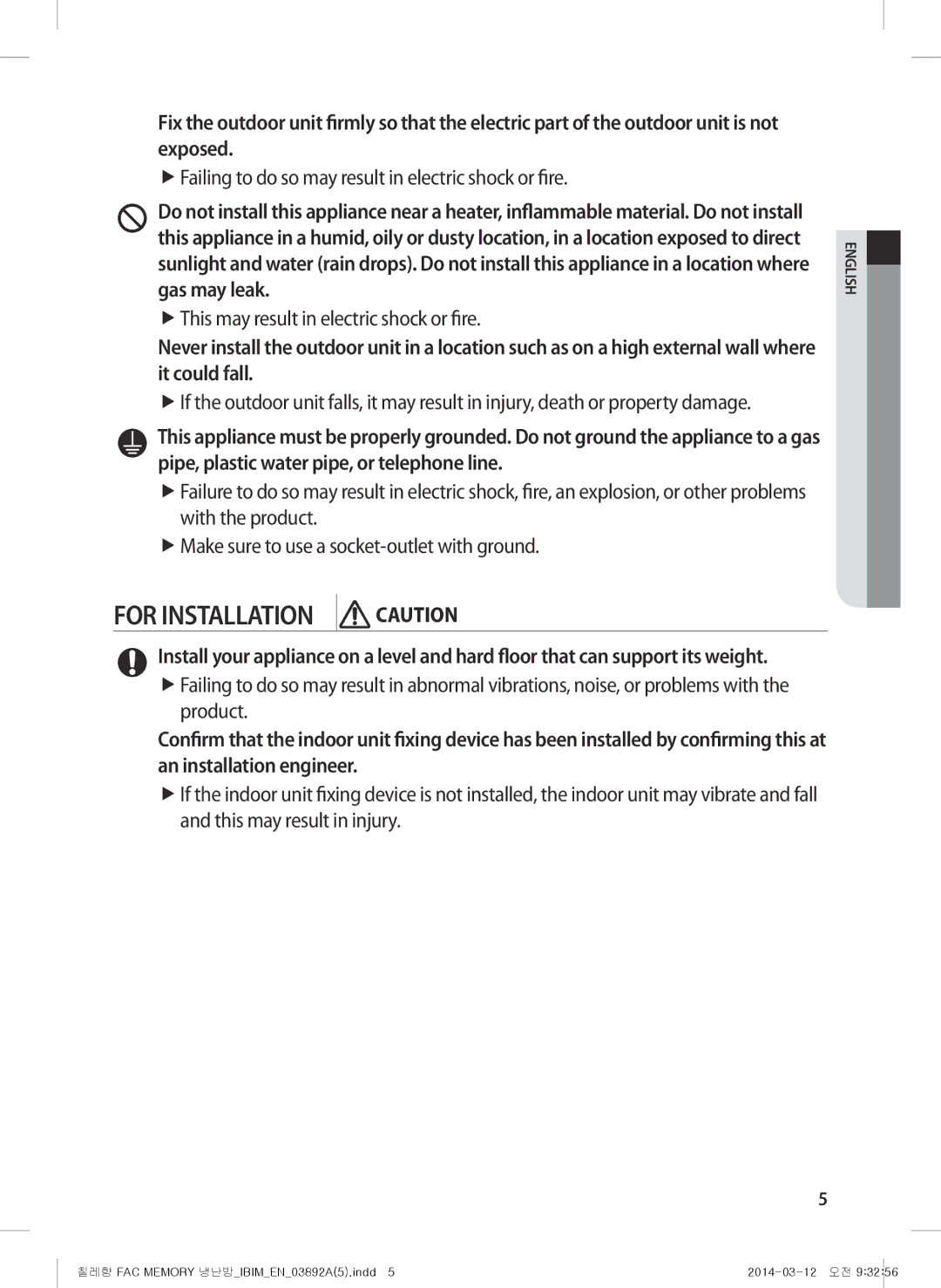 Samsung AF28FSZDAWKNMG, AF28FSSDAWKNFA, AF27FSSDAWKNER, AF28FSSDADFXFA manual FfThis may result in electric shock or fire 