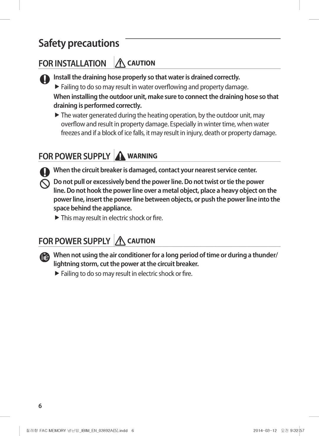 Samsung AF28FSSDAWKNFA, AF27FSSDAWKNER, AF28FSSDADFXFA, AF28FSSDADFNFA, AF28FSSDADFNMG manual For Power Supply Warning 