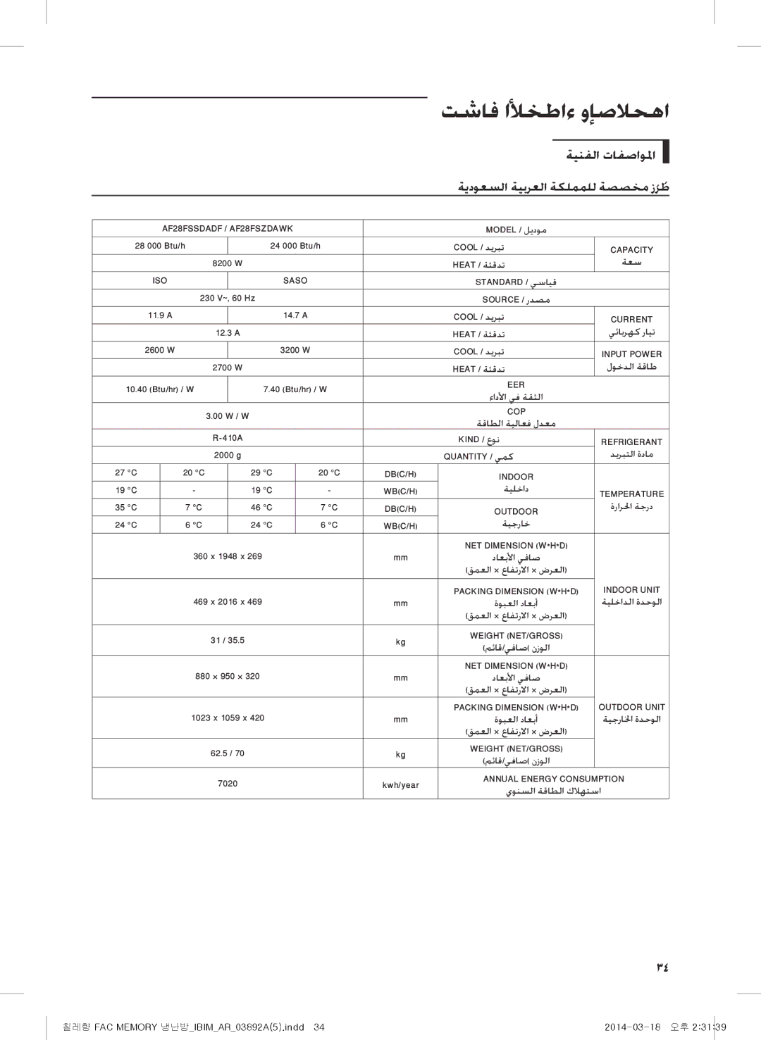 Samsung AF28FSSDAWKNFA, AF27FSSDAWKNER manual تشاف الأخطاء وإصلاحها, ةينفلا تافصاولما, ةيدوعسلا ةيبرعلا ةكلمملل ةصصخم زرطُ 