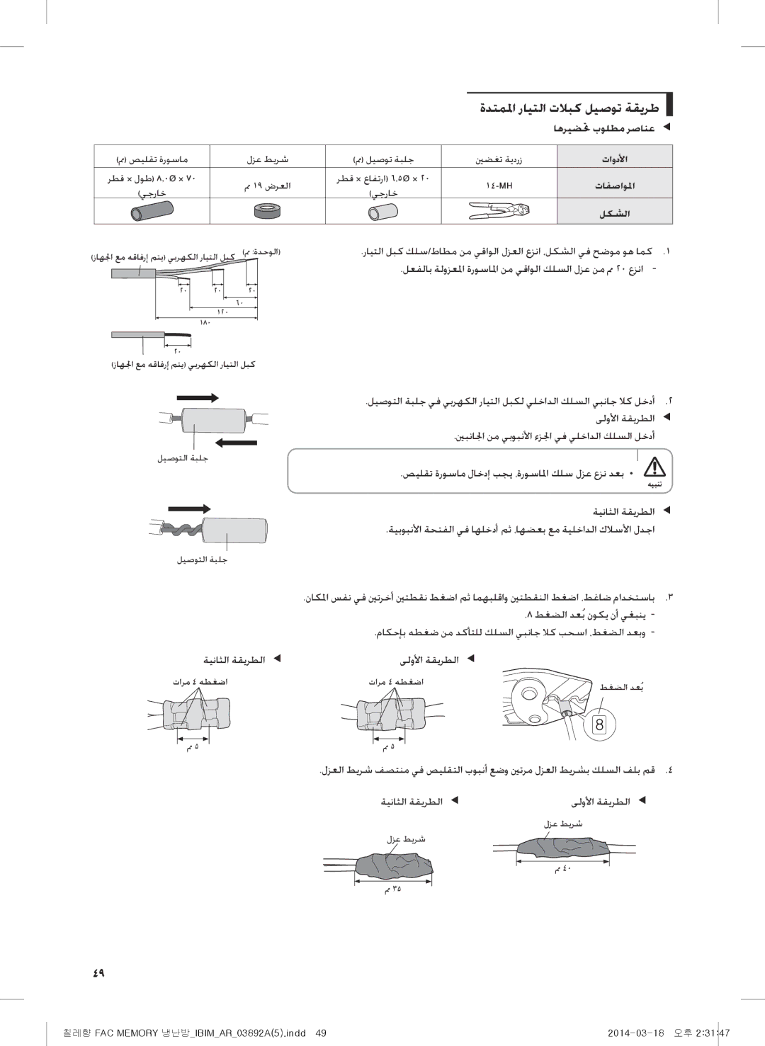 Samsung AF27FSSDAWKNER, AF28FSSDAWKNFA manual ةدتملما رايتلا تلابك ليصوت ةقيرط, اهريضتح بولطم رصانعee, ىلولأا ةقيرطلاee 