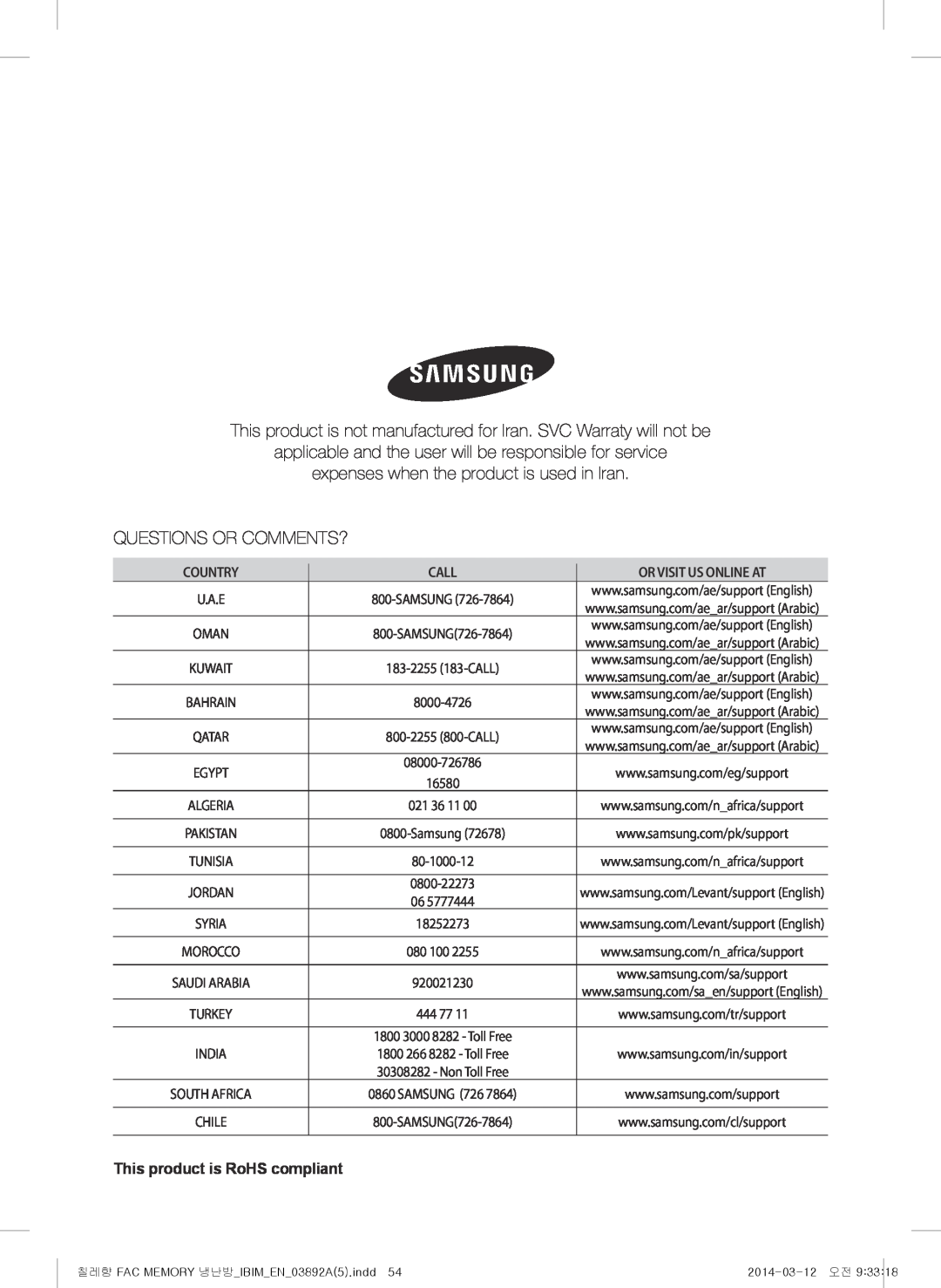 Samsung AF27FSSDAWKNER manual This product is not manufactured for Iran. SVC Warraty will not be, Country, Call 