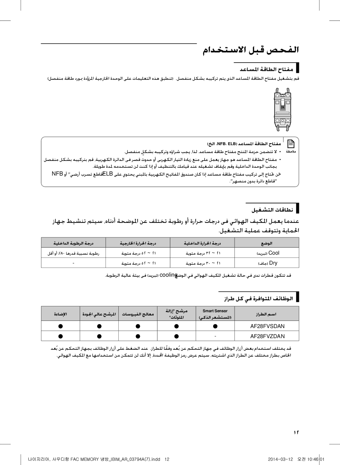 Samsung AF28FVSDADFNMG manual دعاسلما ةقاطلا حاتفم, ليغشتلا تاقاطن, زارط لك يف ةرفاوتلما فئاظولا, رهصنم نودب ةرئاد عطاق 