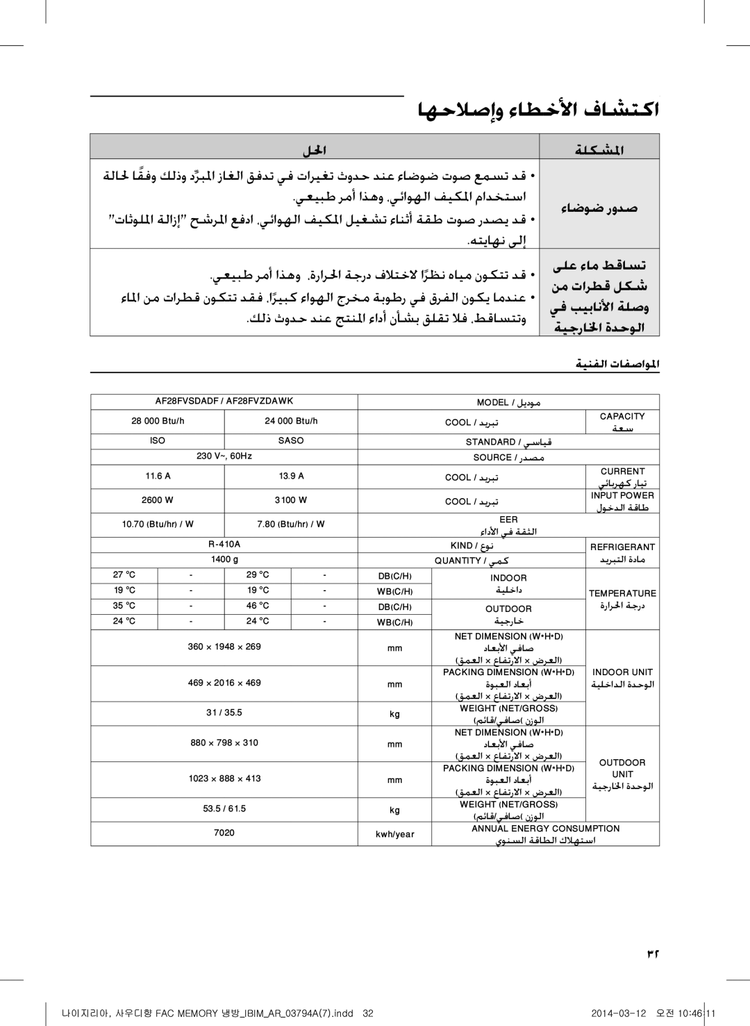 Samsung AF28FVSDADFNMG, AF28FVZDAWKNMG manual ىلع ءام طقاست, نم تارطق لكش, يف بيبانلأا ةلصو, ةينفلا تافصاولما, ءاضوض رودص 