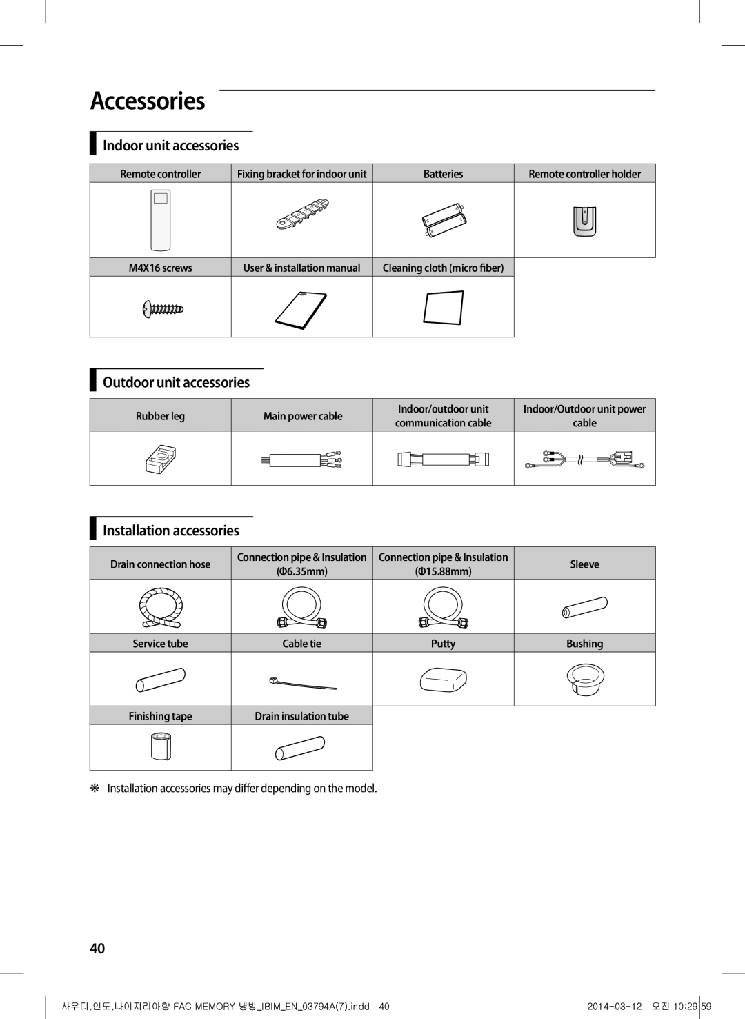 Samsung AF28FVSDADFNMG manual Accessories, Indoor unit accessories, Outdoor unit accessories, Installation accessories 