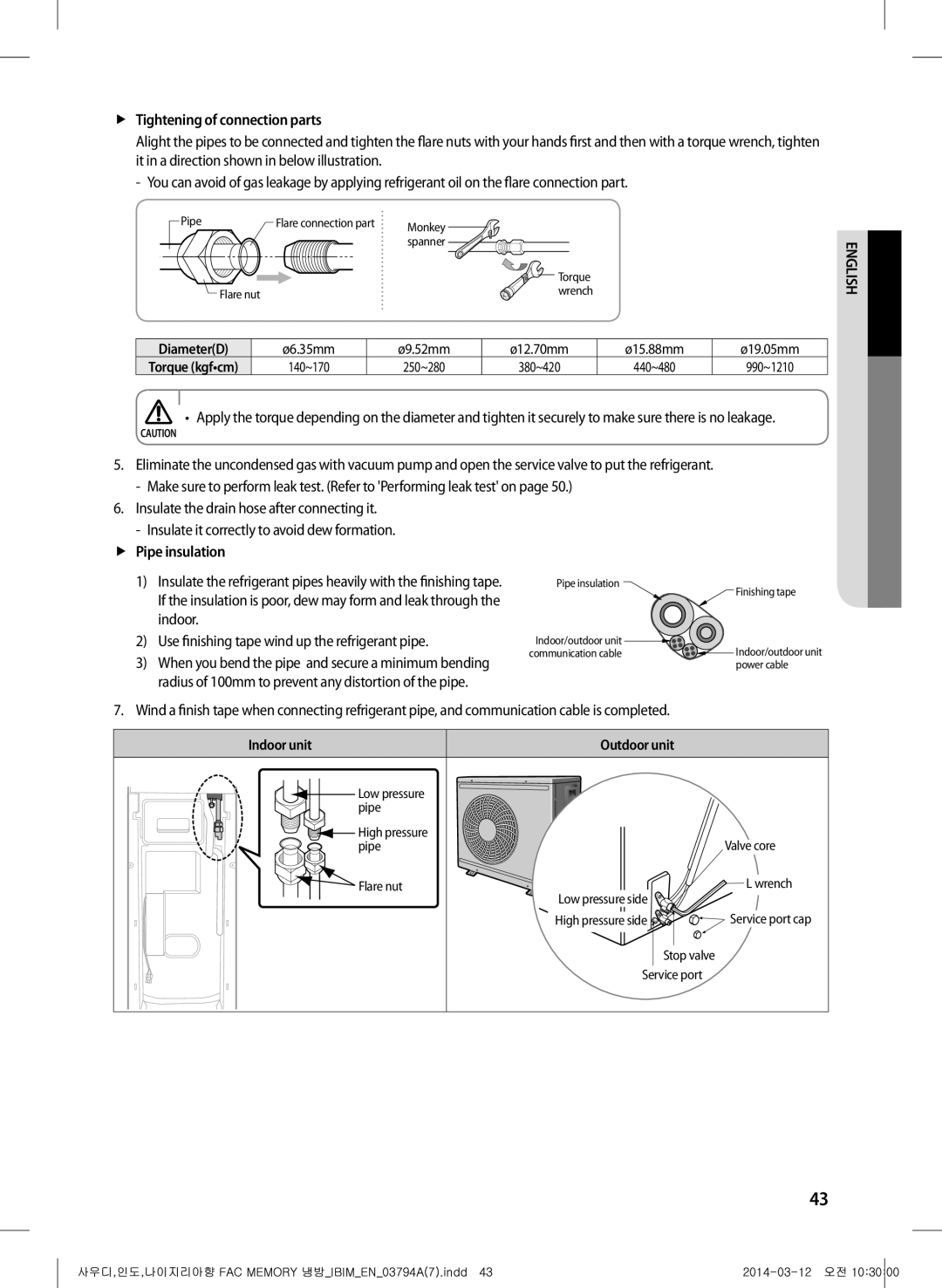 Samsung AF28FVZDAWKNMG, AF28FVSDADFNMG manual FfTightening of connection parts, FfPipe insulation 