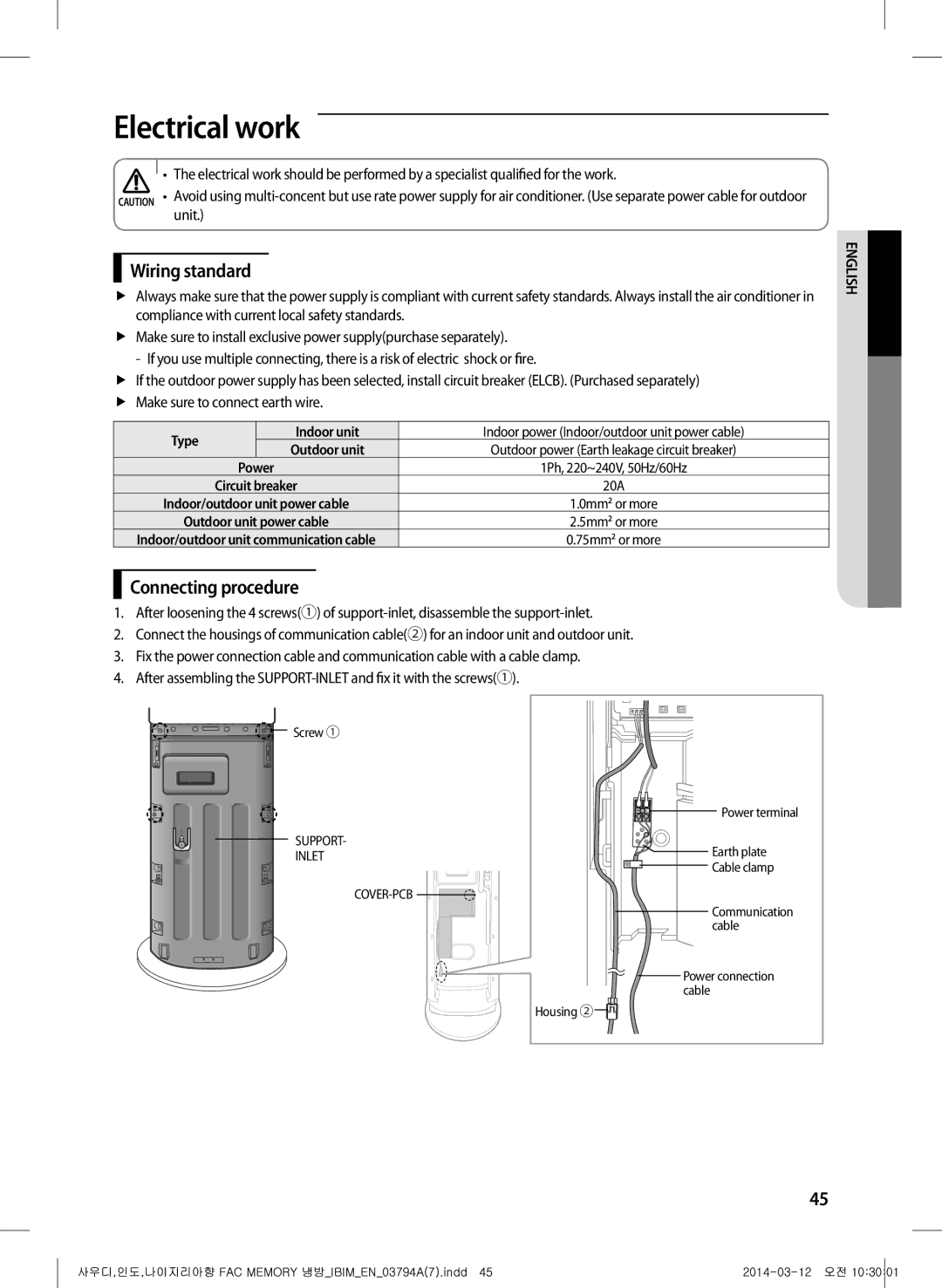 Samsung AF28FVZDAWKNMG, AF28FVSDADFNMG manual Electrical work, Wiring standard, Connecting procedure 