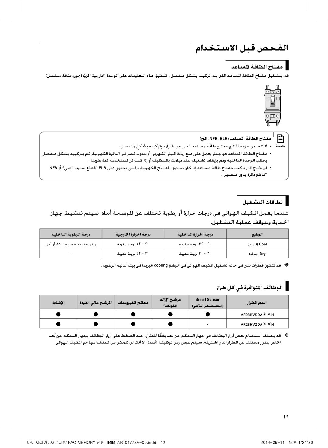 Samsung AF28HVSDADFNMG manual دعاسلما ةقاطلا حاتفم, ليغشتلا تاقاطن, زارط لك يف ةرفاوتلما فئاظولا, رهصنم نودب ةرئاد عطاق 