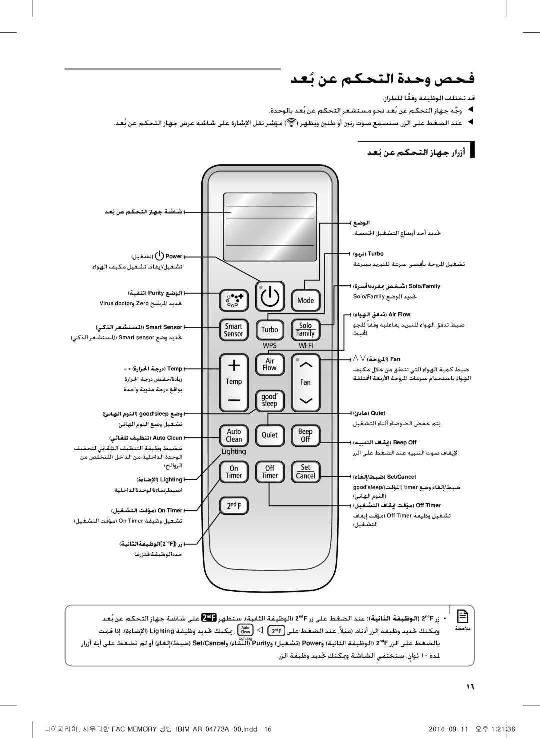 Samsung AF28HVSDADFNMG manual دعُب نع مكحتلا ةدحو صحف, دعُب نع مكحتلا زاهج رارزأ, دعُب نع مكحتلا زاهج ةشاش ىلع 