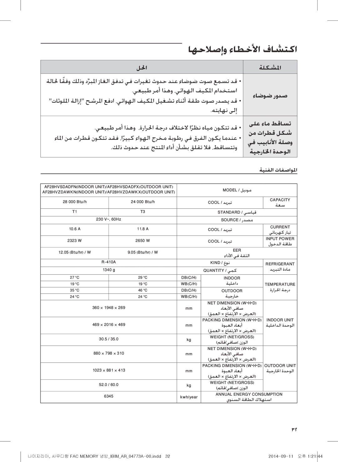 Samsung AF28HVSDADFNMG manual ىلع ءام طقاست, نم تارطق لكش, يف بيبانلأا ةلصو, ةينفلا تافصاولما, ءاضوض رودص 