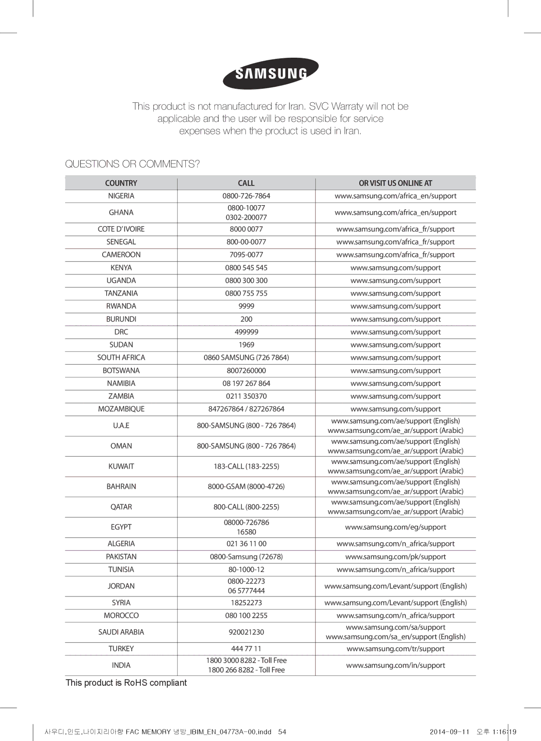 Samsung AF28HVSDADFNMG manual Questions or COMMENTS?, This product is RoHS compliant 