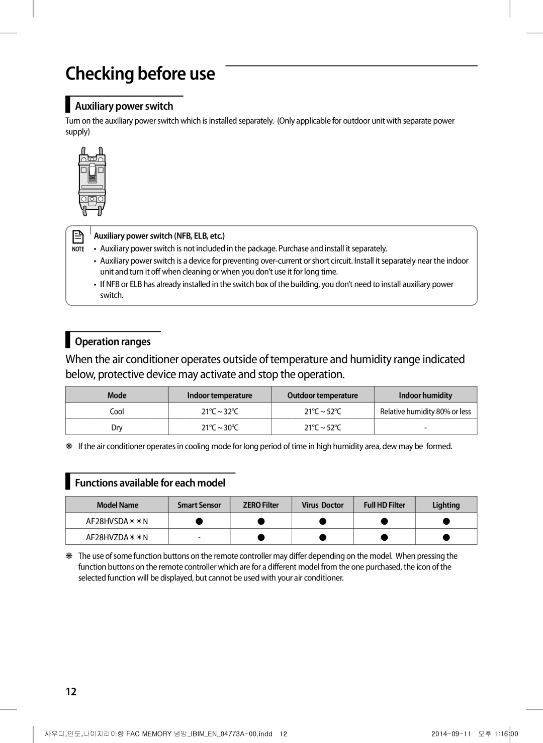 Samsung AF28HVSDADFNMG manual Auxiliary power switch, Operation ranges, Functions available for each model 