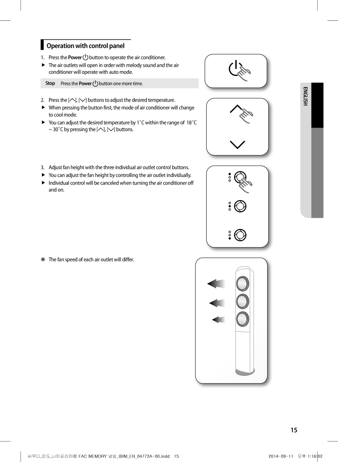 Samsung AF28HVSDADFNMG manual Operation with control panel, Conditioner will operate with auto mode 