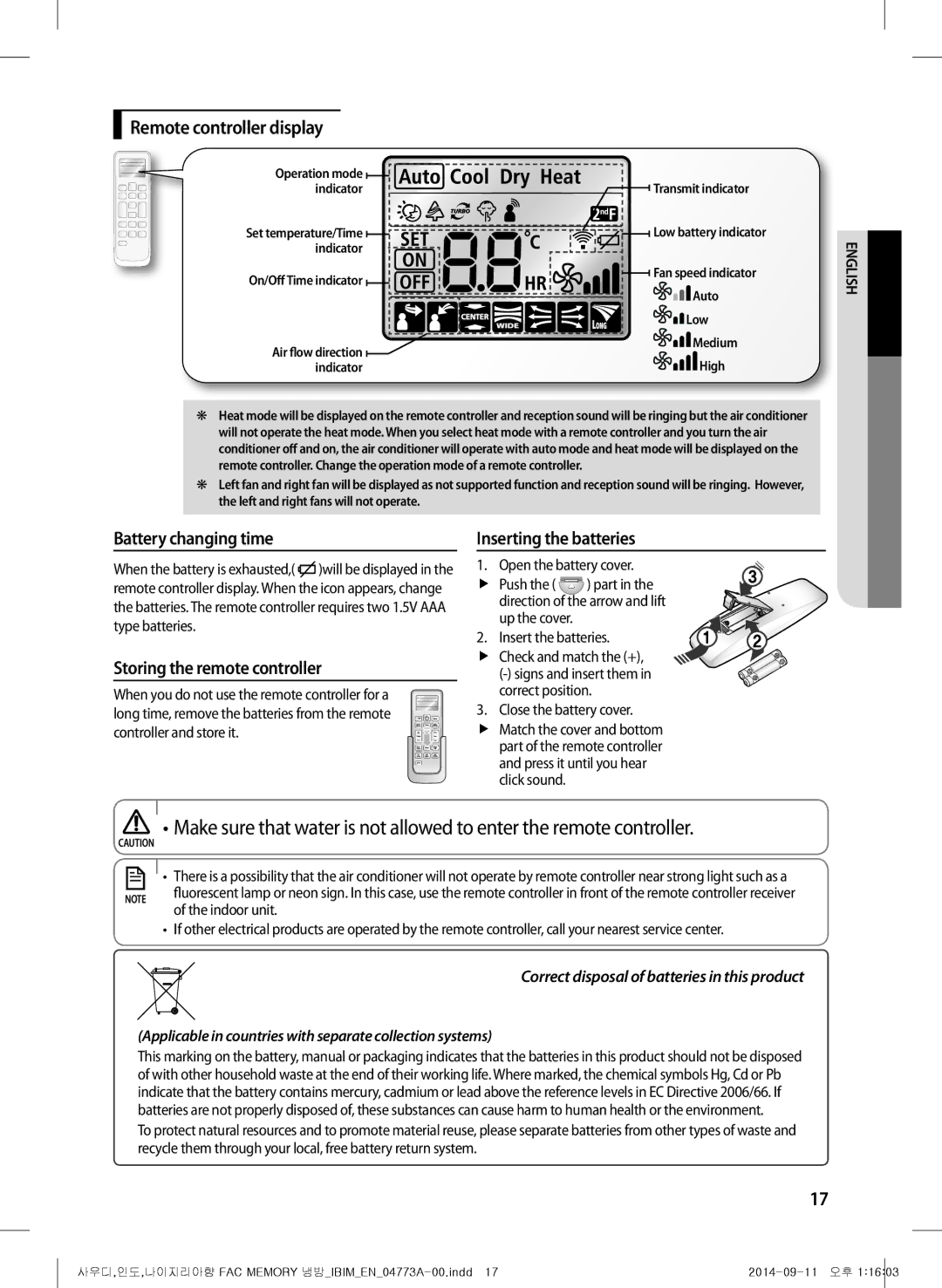 Samsung AF28HVSDADFNMG manual Remote controller display, Battery changing time, Storing the remote controller 