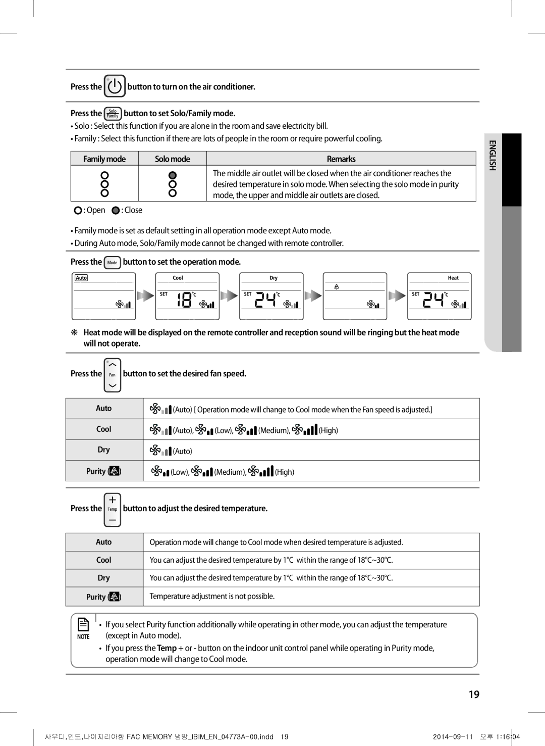 Samsung AF28HVSDADFNMG manual Press the button to turn on the air conditioner, Solomode Remarks, Except in Auto mode 