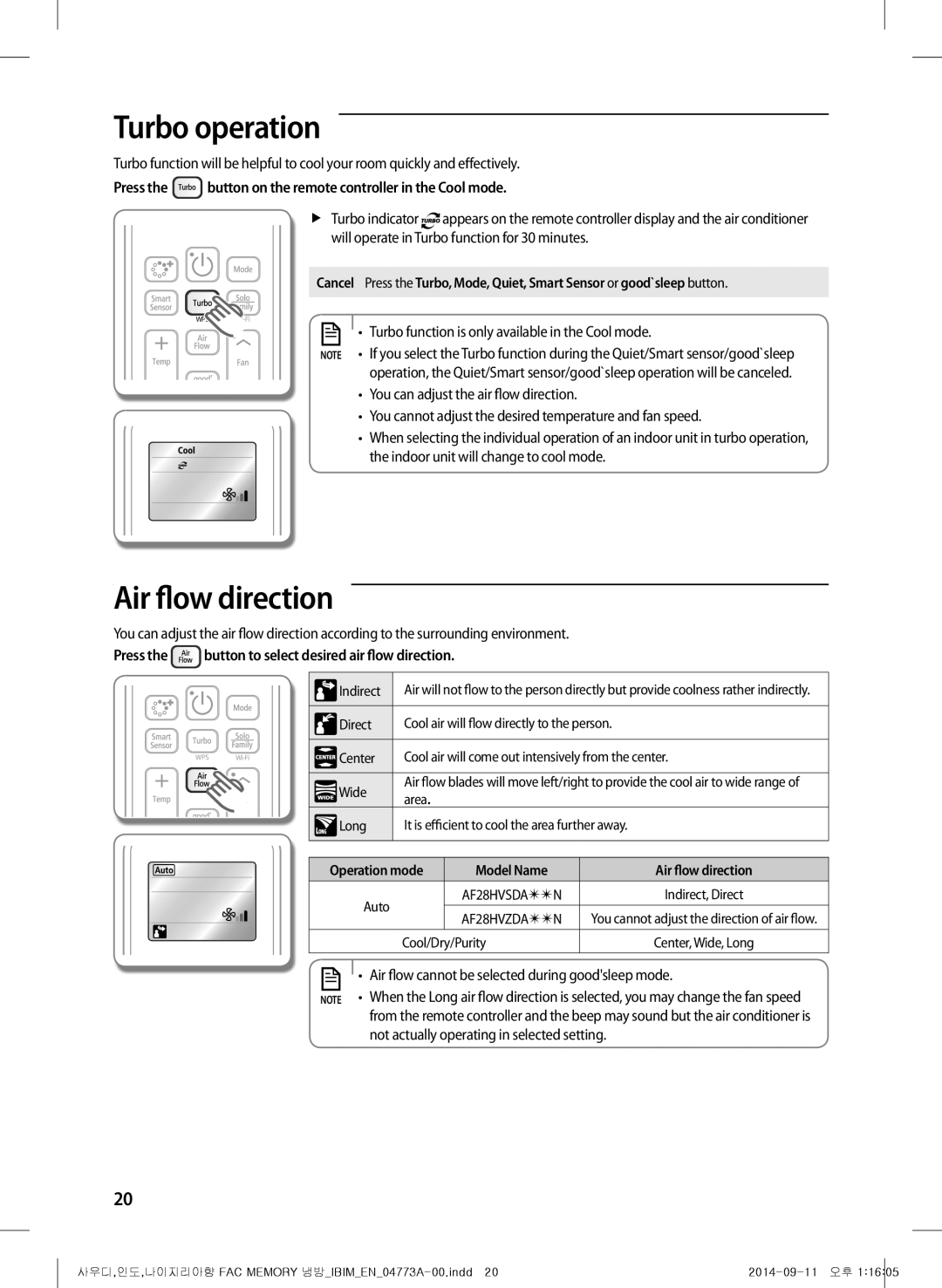 Samsung AF28HVSDADFNMG Turbo operation, Air flow direction, Press the button on the remote controller in the Cool mode 