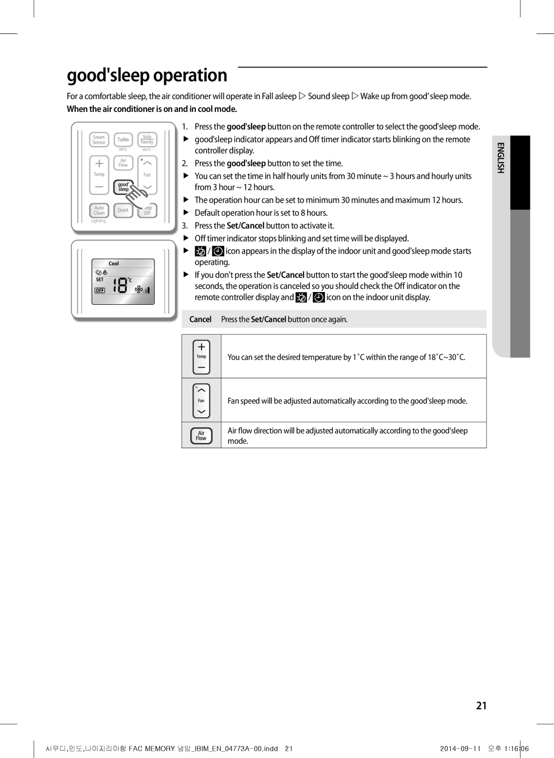 Samsung AF28HVSDADFNMG manual Goodsleep operation, When the air conditioner is on and in cool mode 