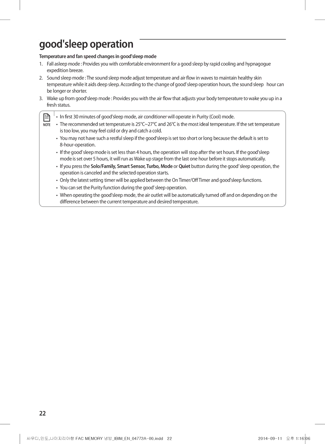 Samsung AF28HVSDADFNMG manual Temperature and fan speed changes in goodsleep mode 